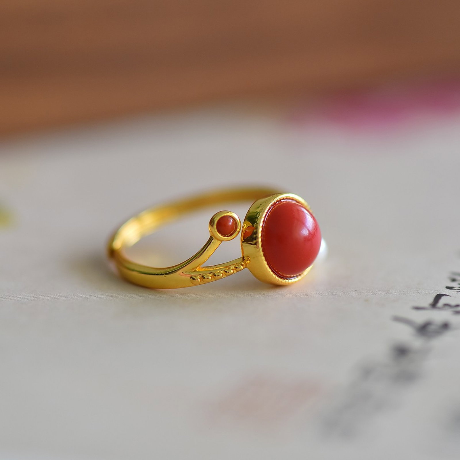 An Exquisite Sterling Silver-Gold Plated Inlaid Cinnabar Ring - 4