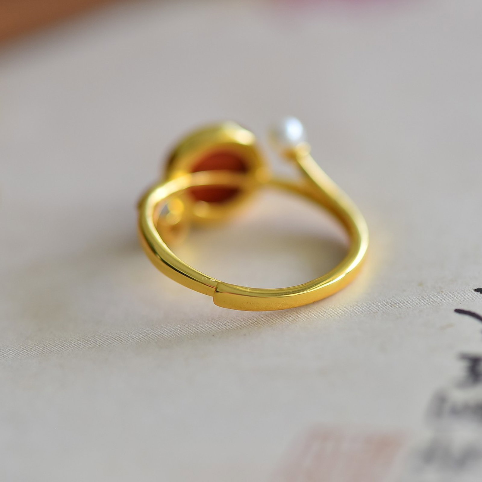 An Exquisite Sterling Silver-Gold Plated Inlaid Cinnabar Ring - 5