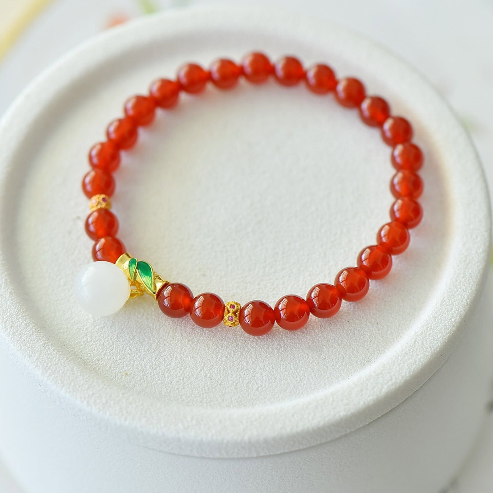 An Exquisite Sterling Silver-Gold Plated Inlaid Agate Bracelet,Inlaid White Jade - 2