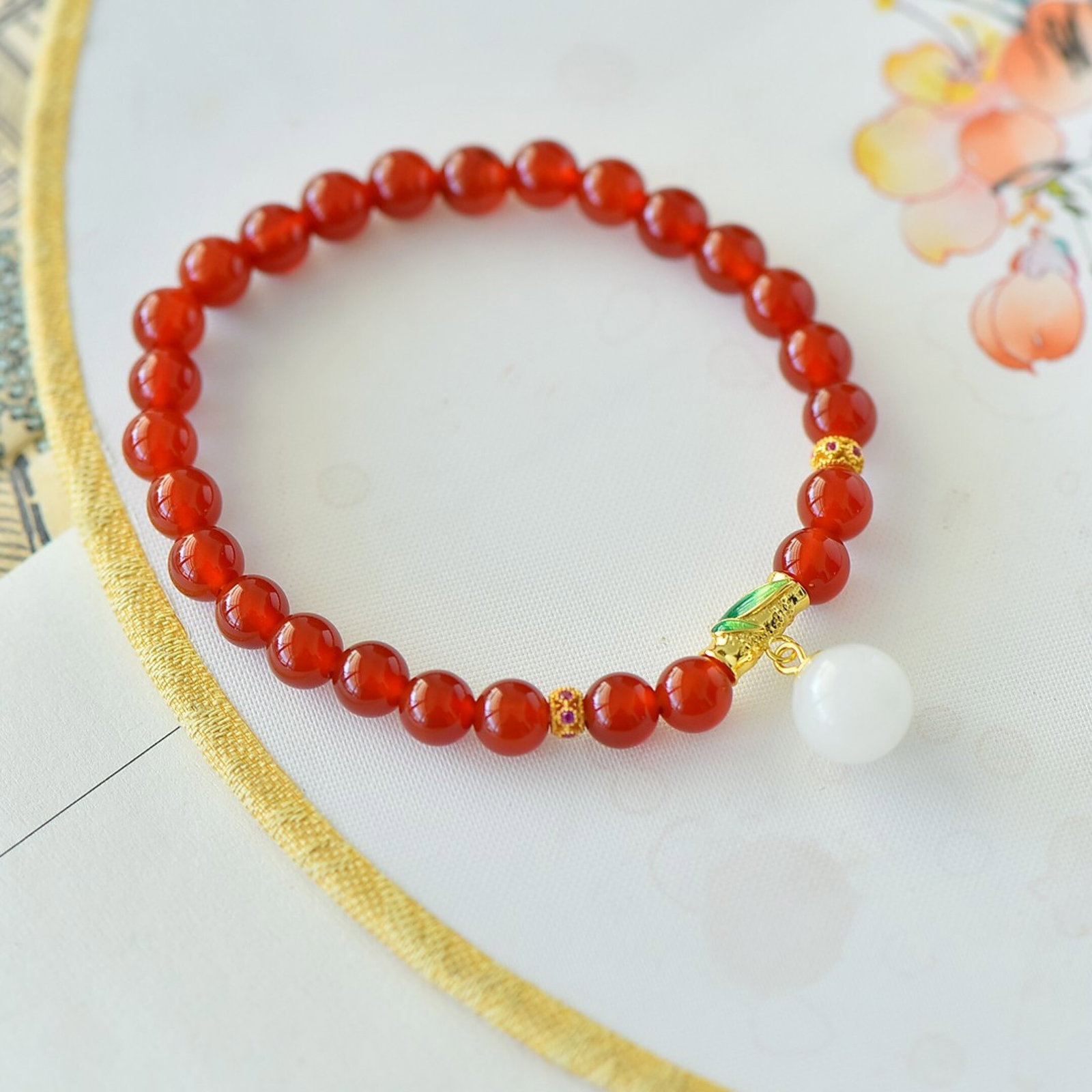 An Exquisite Sterling Silver-Gold Plated Inlaid Agate Bracelet,Inlaid White Jade - 3