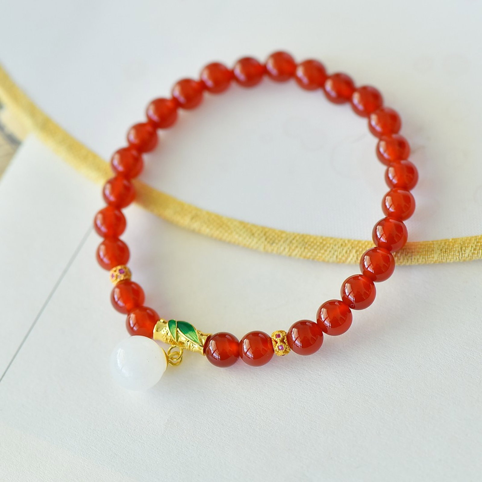 An Exquisite Sterling Silver-Gold Plated Inlaid Agate Bracelet,Inlaid White Jade - 4