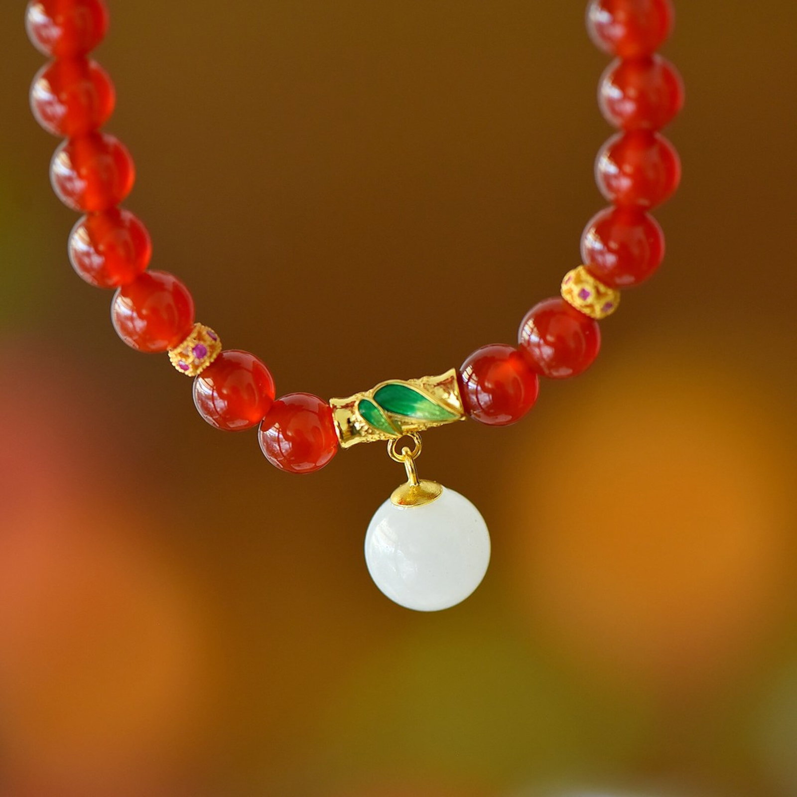 An Exquisite Sterling Silver-Gold Plated Inlaid Agate Bracelet,Inlaid White Jade - 5