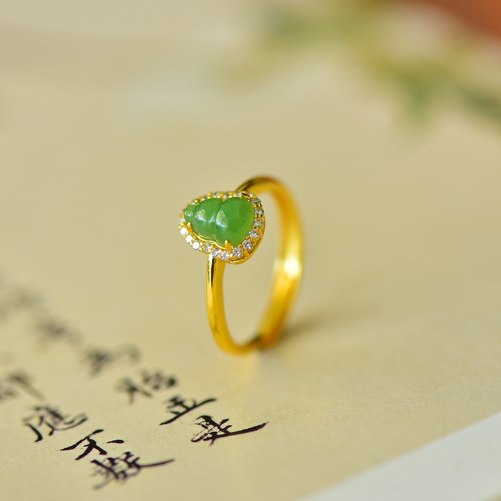 An Exquisite Sterling Silver-Gold Plated Inlaid Jasper Gourd Ring,Inlaid Diamond - 3