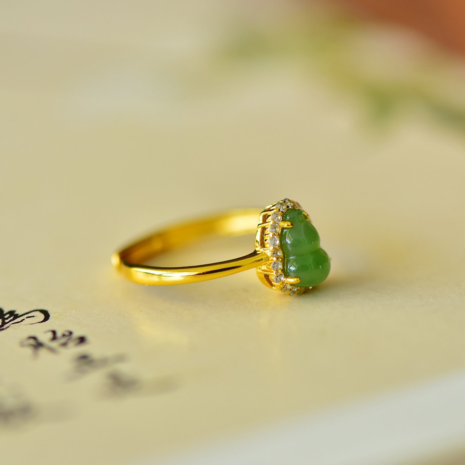 An Exquisite Sterling Silver-Gold Plated Inlaid Jasper Gourd Ring,Inlaid Diamond - 5