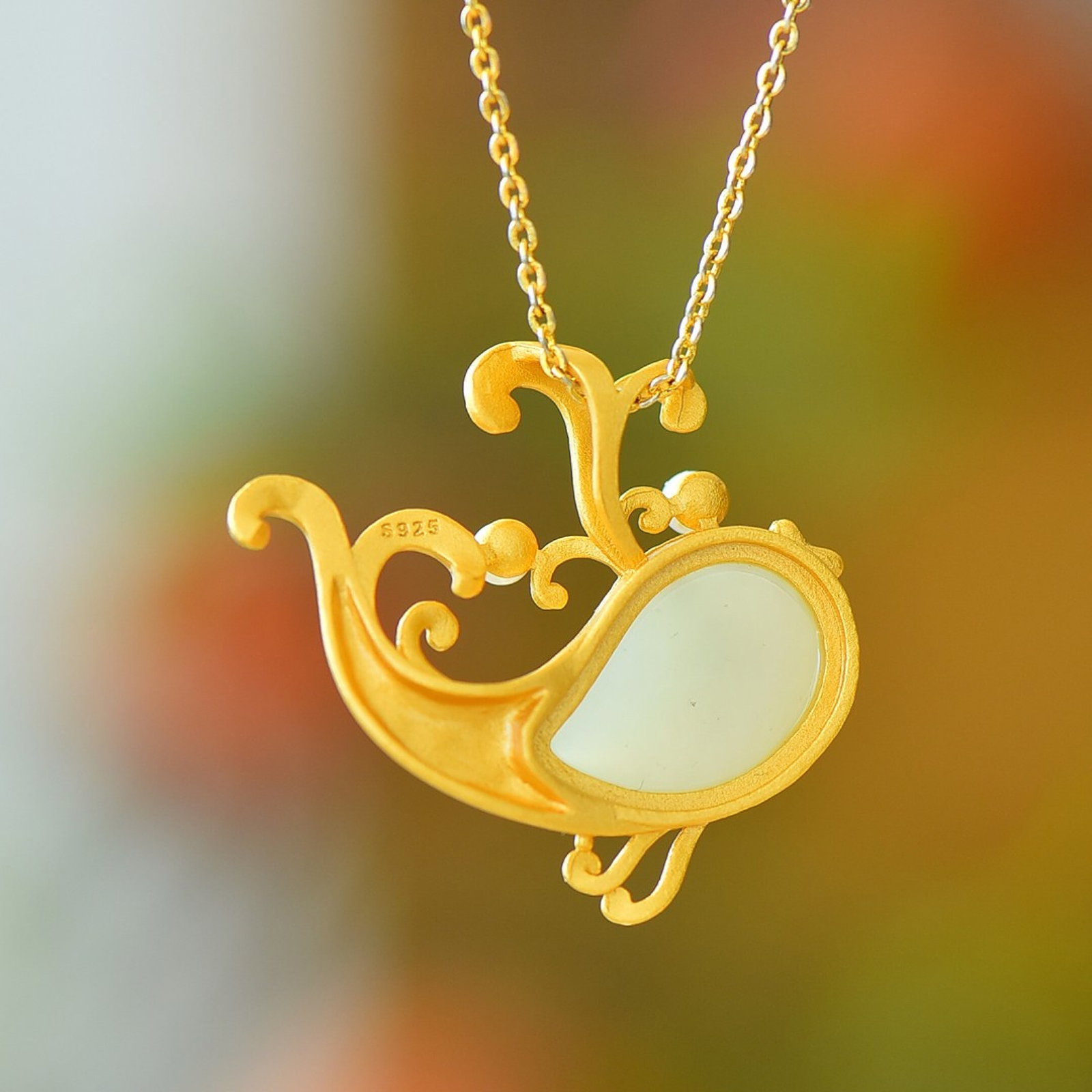 An Exquisite Sterling Silver-Gold Plated Inlaid White Jade Pendant,Inlaid Pearl - 5