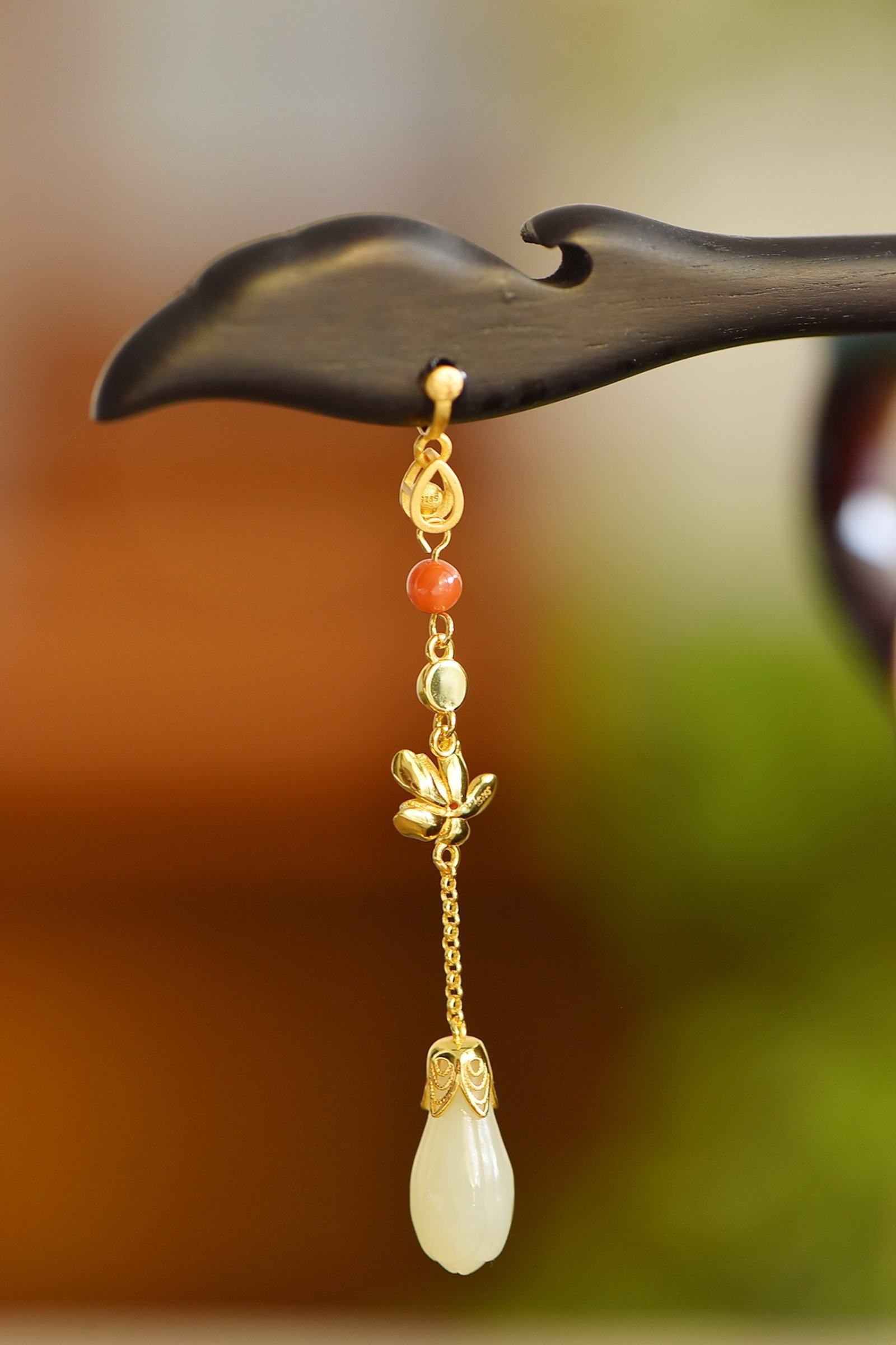 An Exquisite Sterling Silver-Gold Plated Inlaid White Jade Ebony Hairpin - 4