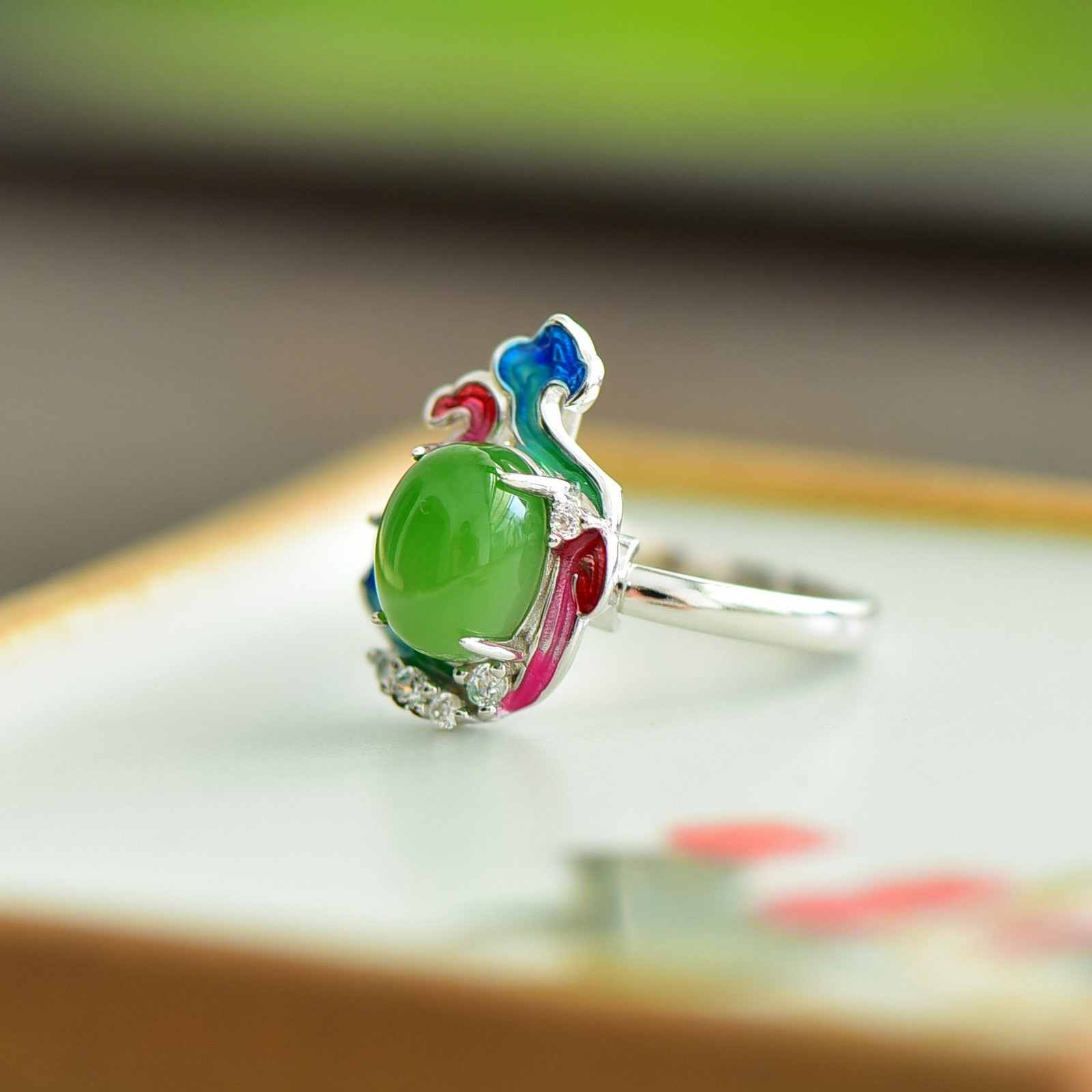 An Exquisite Sterling Silver Inlaid Jasper Enamel Ring - 4
