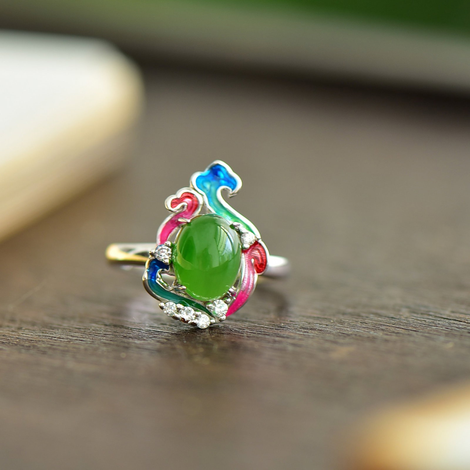 An Exquisite Sterling Silver Inlaid Jasper Enamel Ring - 5
