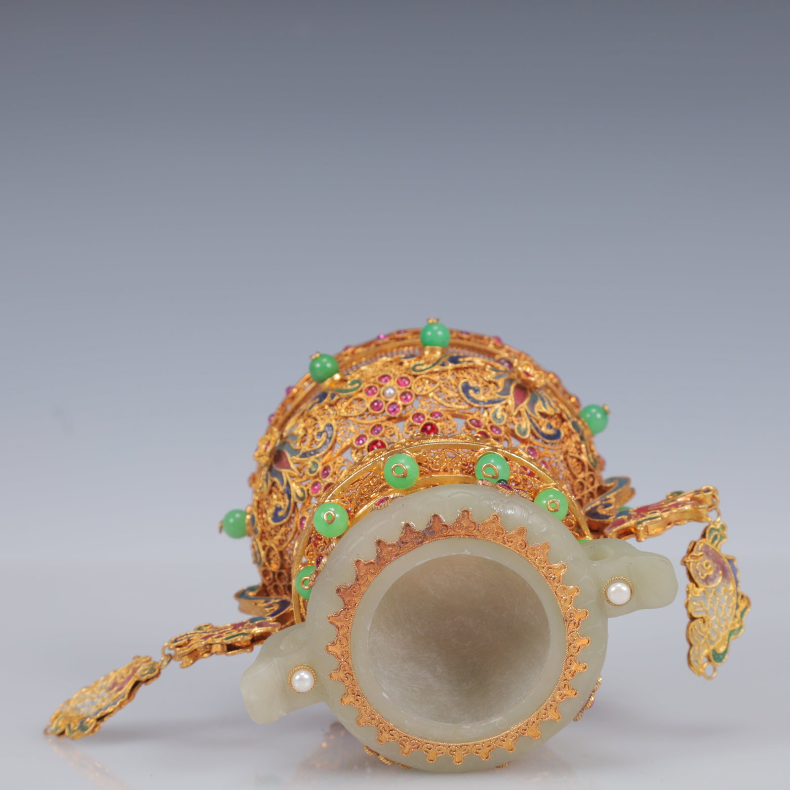 An Exquisite Filigree and Gilding Inlaid White Jade Double-Ears Censer,Inlaid Gems - 10