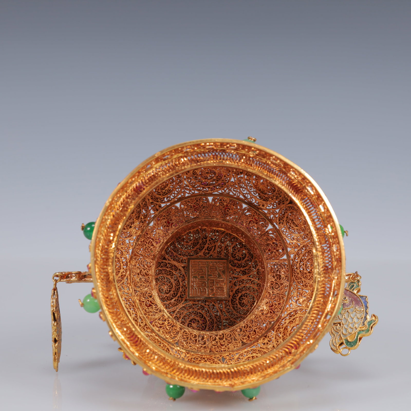 An Exquisite Filigree and Gilding Inlaid White Jade Double-Ears Censer,Inlaid Gems - 11