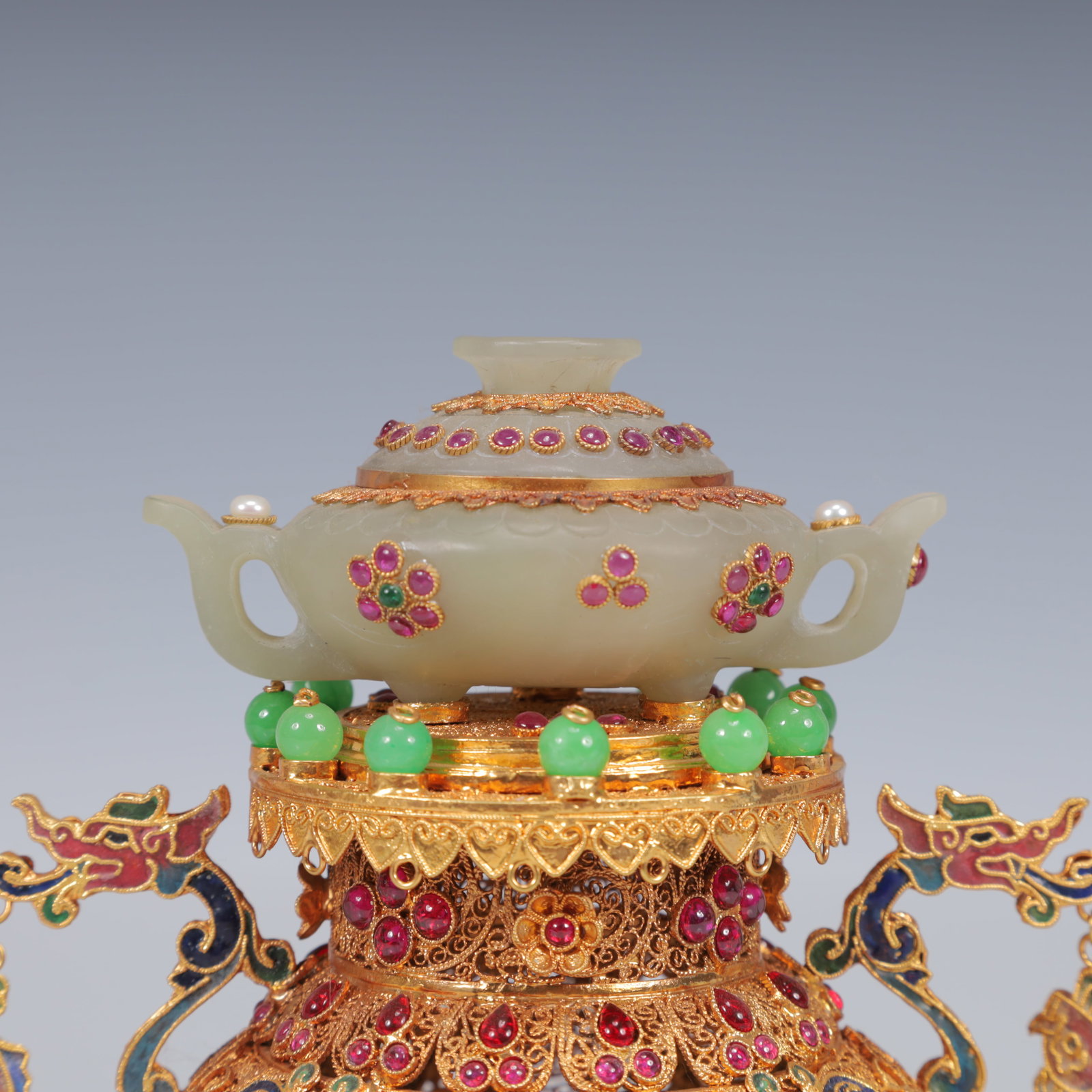 An Exquisite Filigree and Gilding Inlaid White Jade Double-Ears Censer,Inlaid Gems - 2