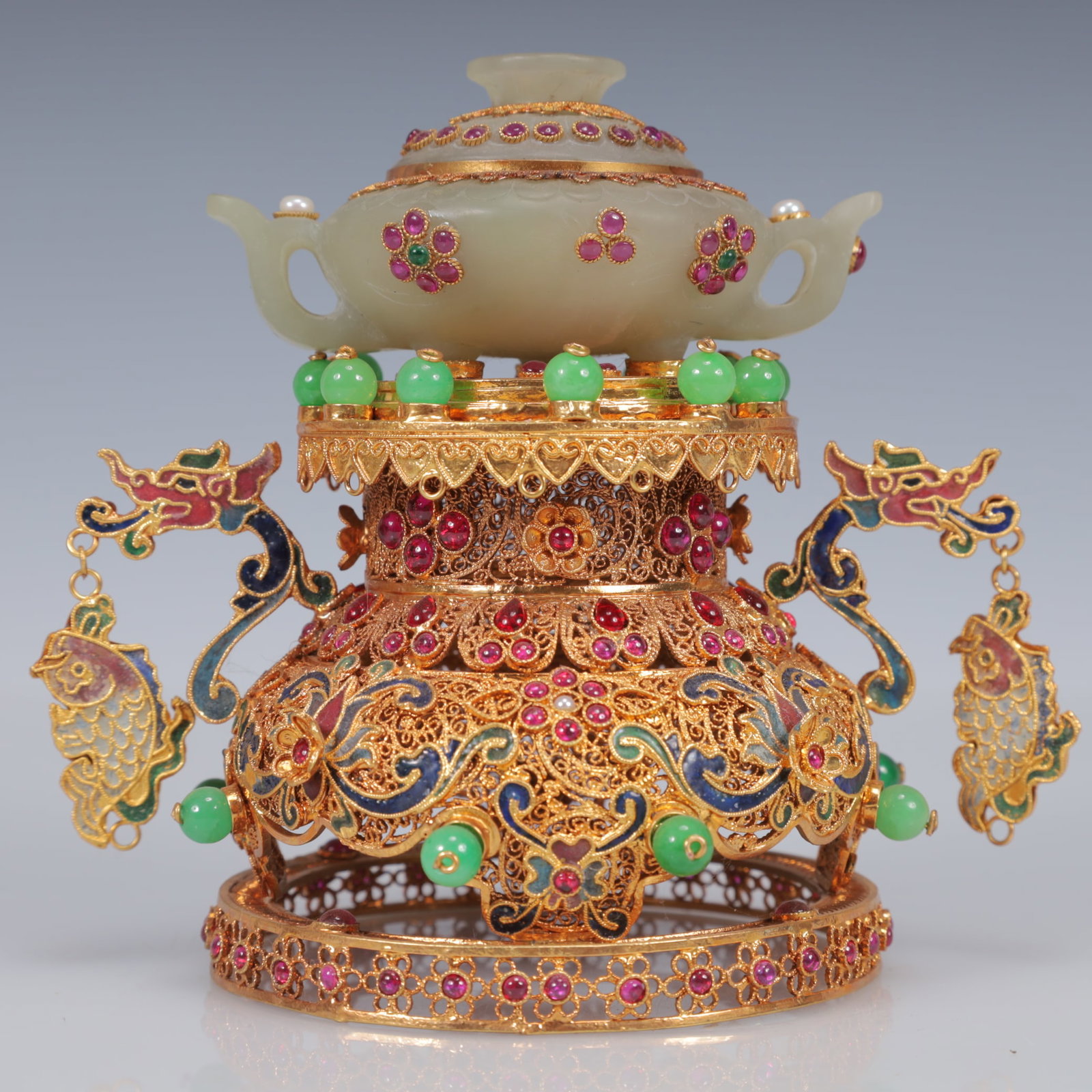 An Exquisite Filigree and Gilding Inlaid White Jade Double-Ears Censer,Inlaid Gems - 3