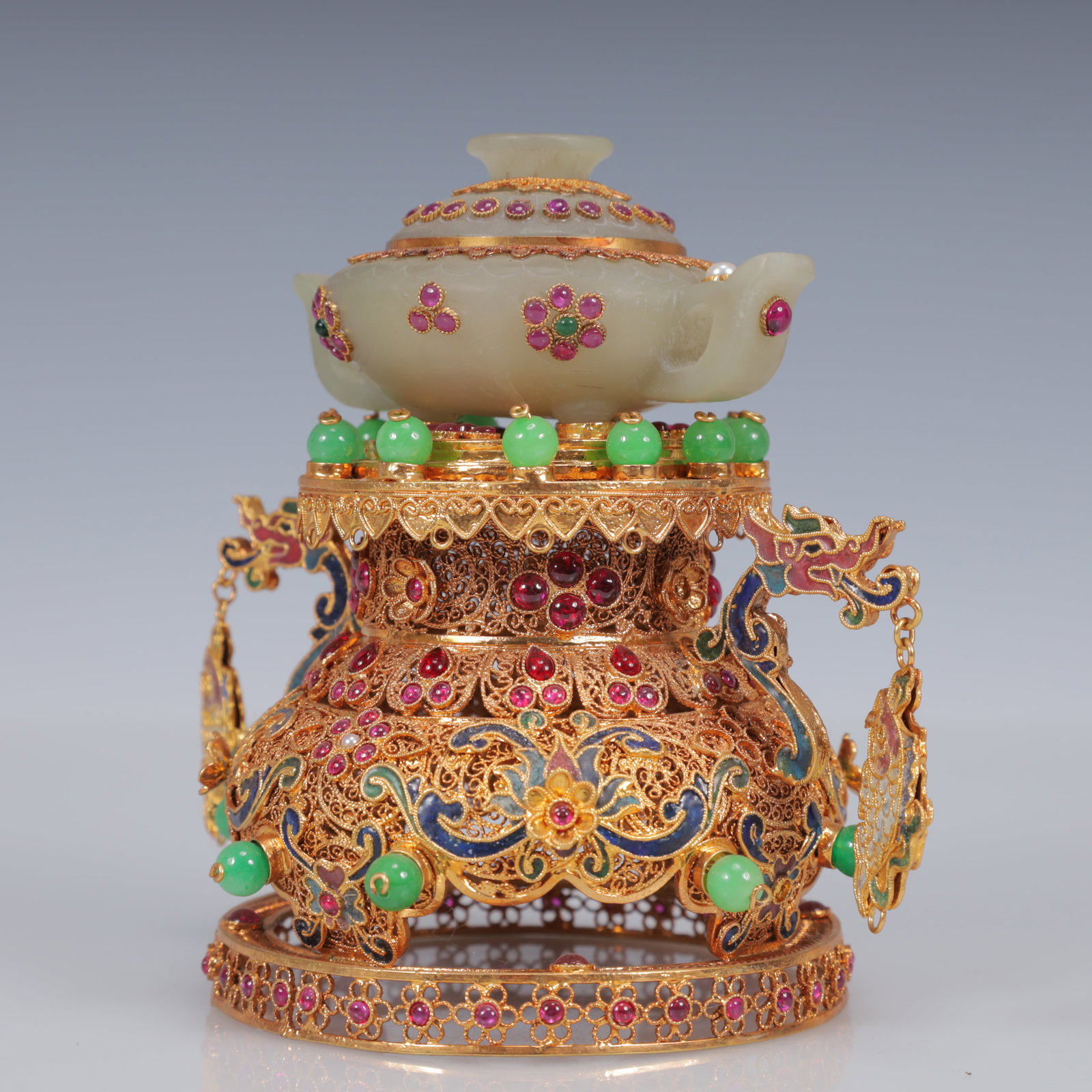 An Exquisite Filigree and Gilding Inlaid White Jade Double-Ears Censer,Inlaid Gems - 4