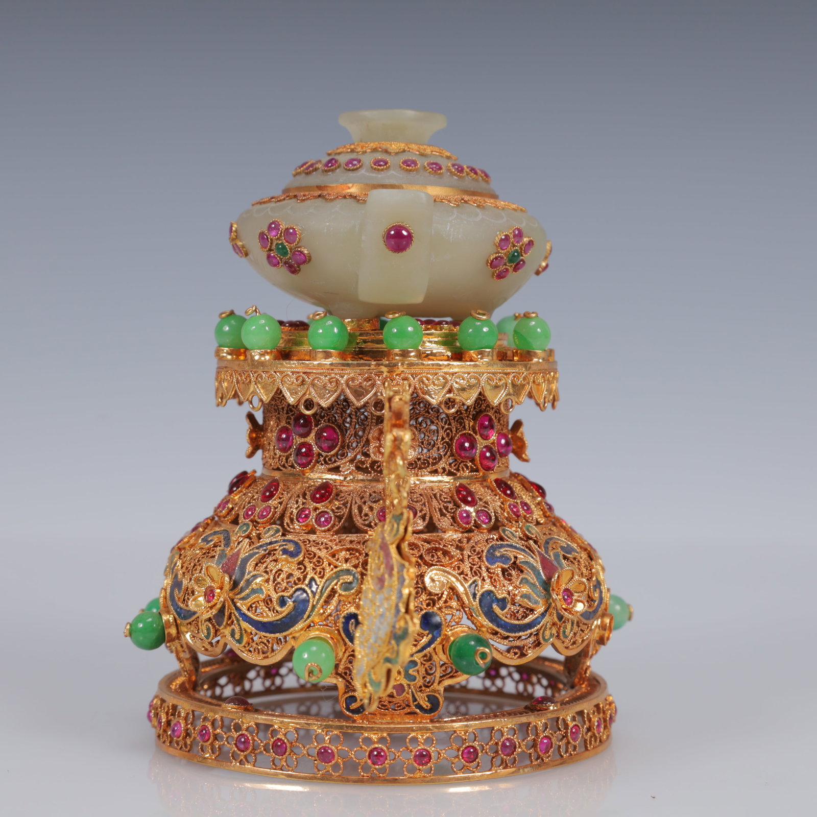 An Exquisite Filigree and Gilding Inlaid White Jade Double-Ears Censer,Inlaid Gems - 5