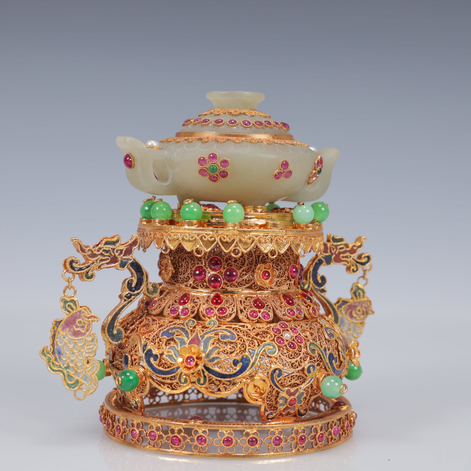 An Exquisite Filigree and Gilding Inlaid White Jade Double-Ears Censer,Inlaid Gems - 6