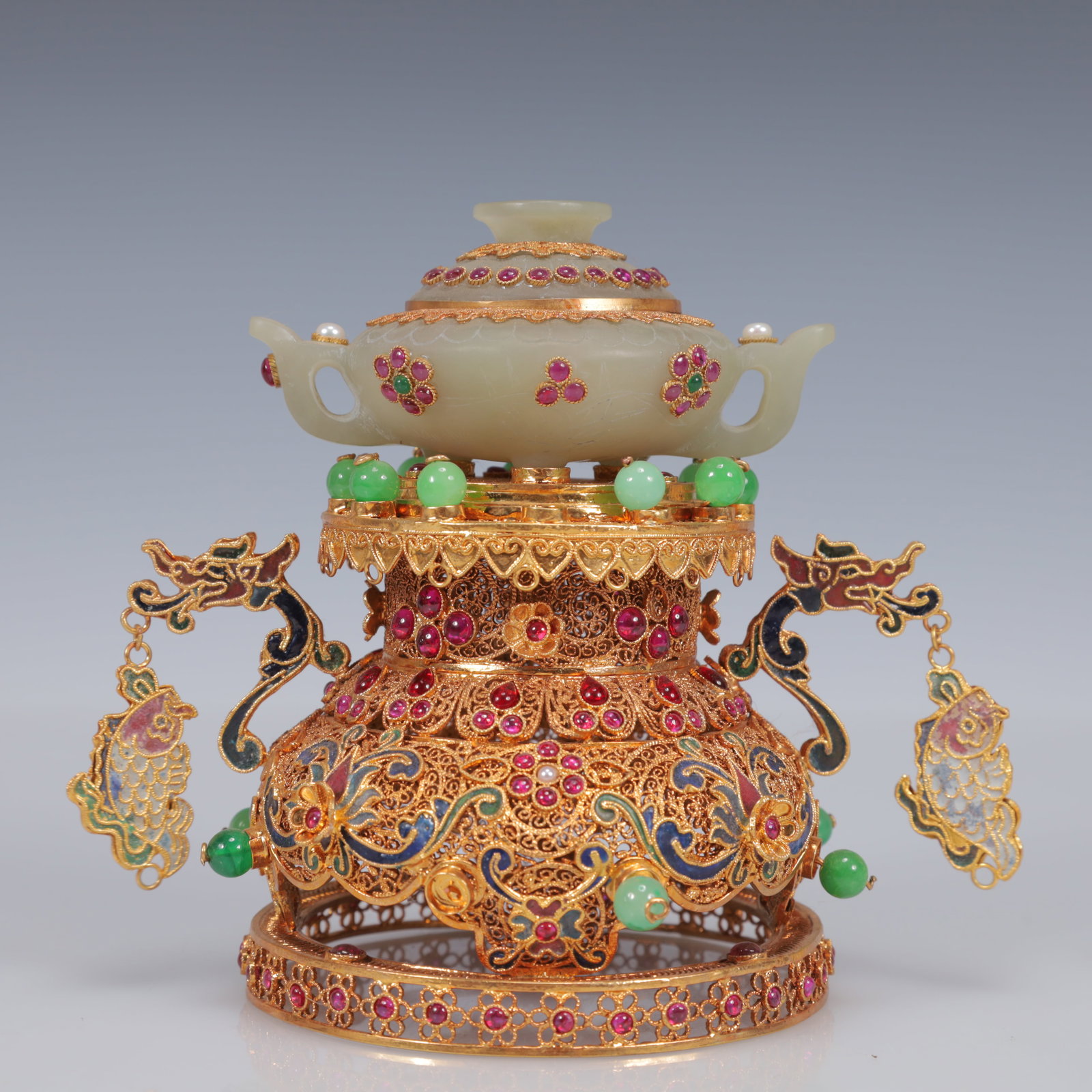 An Exquisite Filigree and Gilding Inlaid White Jade Double-Ears Censer,Inlaid Gems - 7