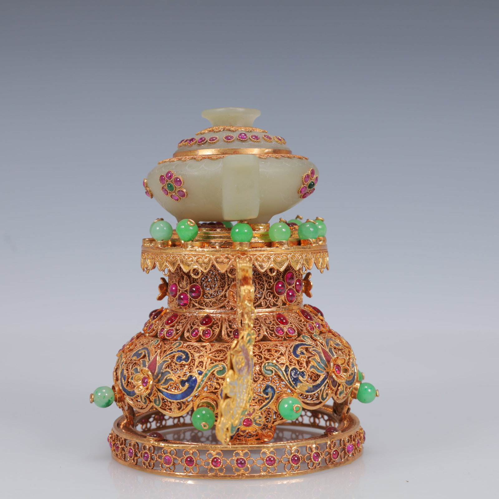An Exquisite Filigree and Gilding Inlaid White Jade Double-Ears Censer,Inlaid Gems - 8
