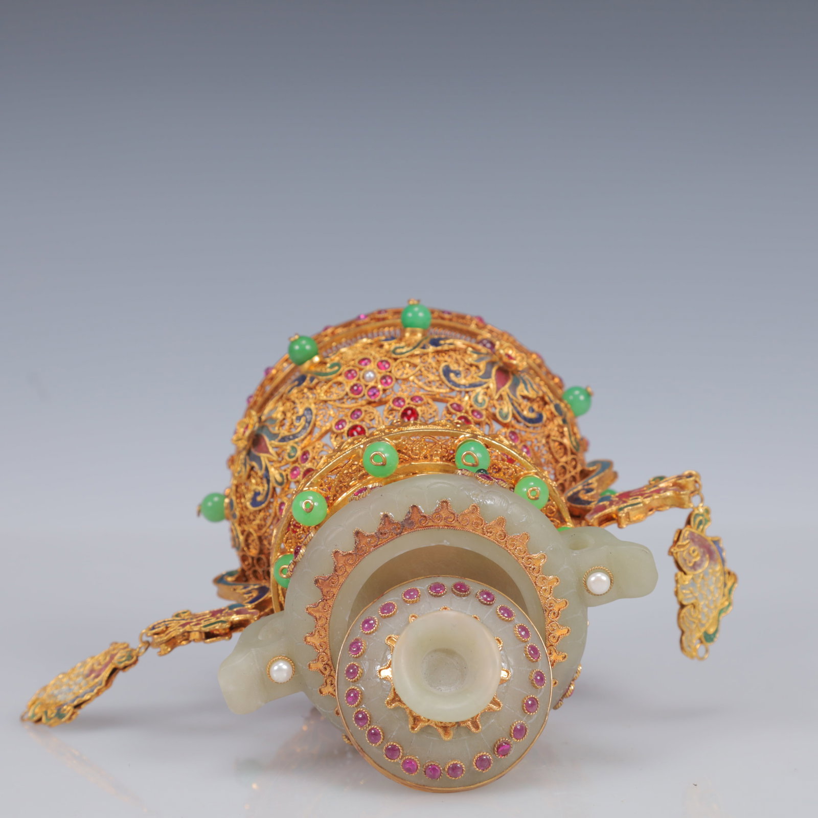 An Exquisite Filigree and Gilding Inlaid White Jade Double-Ears Censer,Inlaid Gems - 9