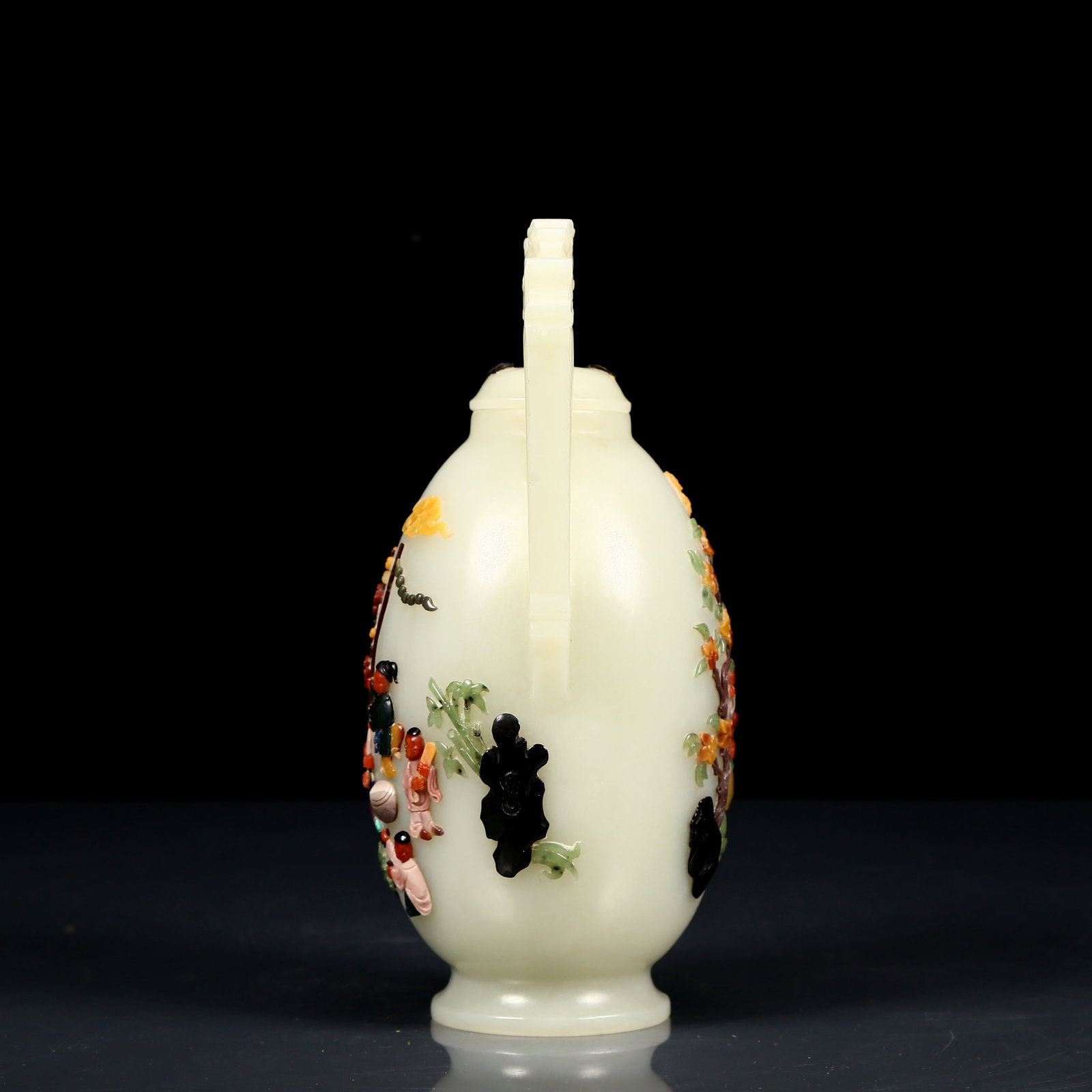An Exquisite White Jade Inlaid Gems Character and Story Pattern Phoenix Handle Ewer - 10