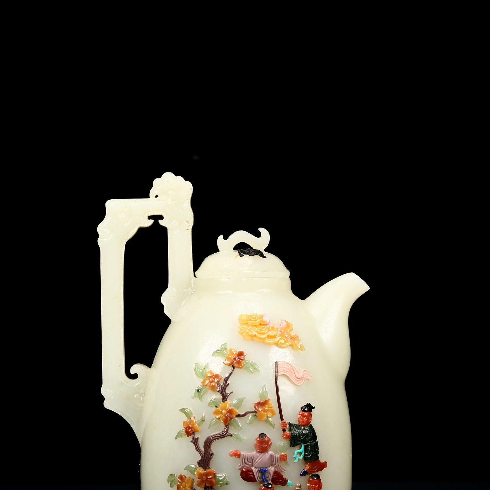 An Exquisite White Jade Inlaid Gems Character and Story Pattern Phoenix Handle Ewer - 2