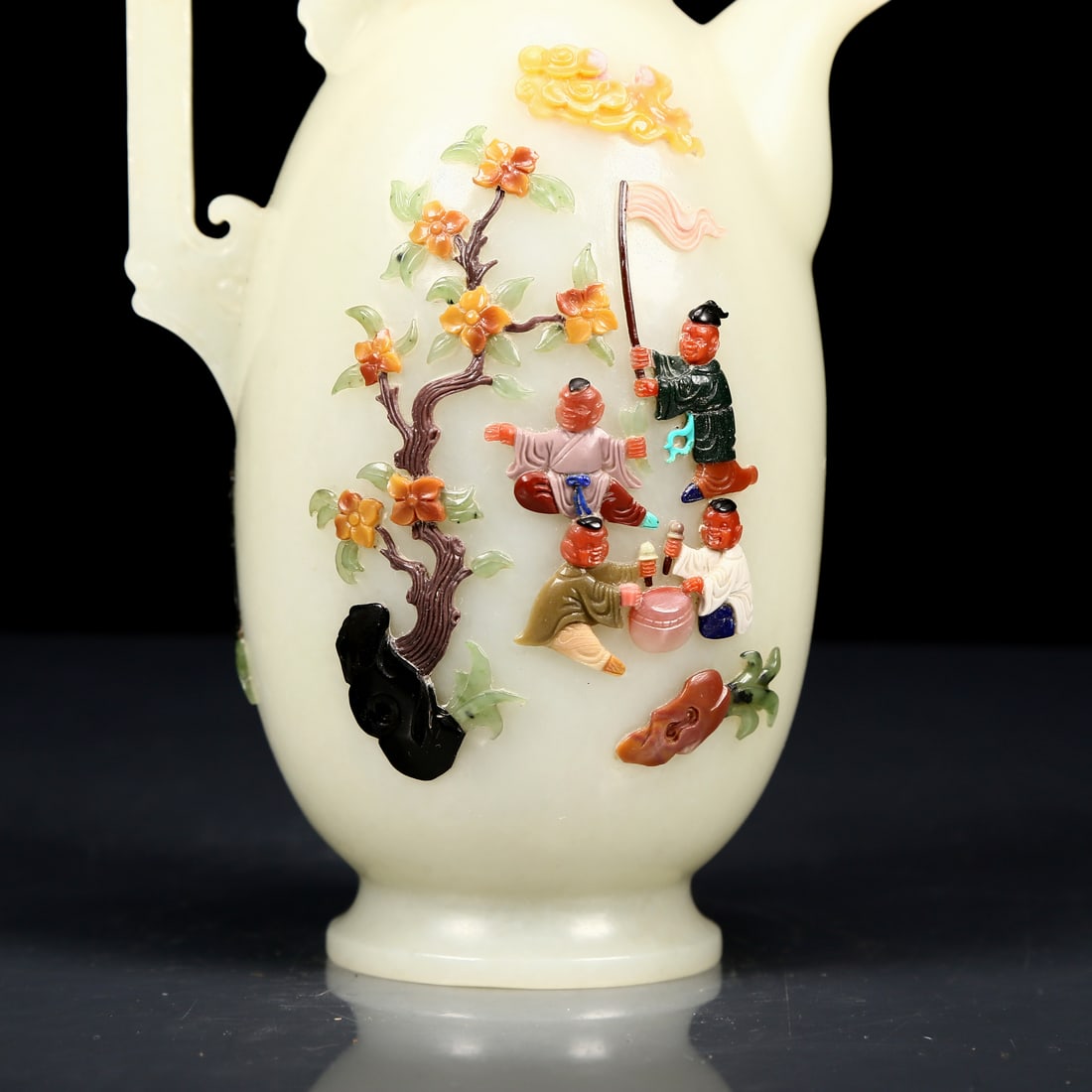 An Exquisite White Jade Inlaid Gems Character and Story Pattern Phoenix Handle Ewer - 3