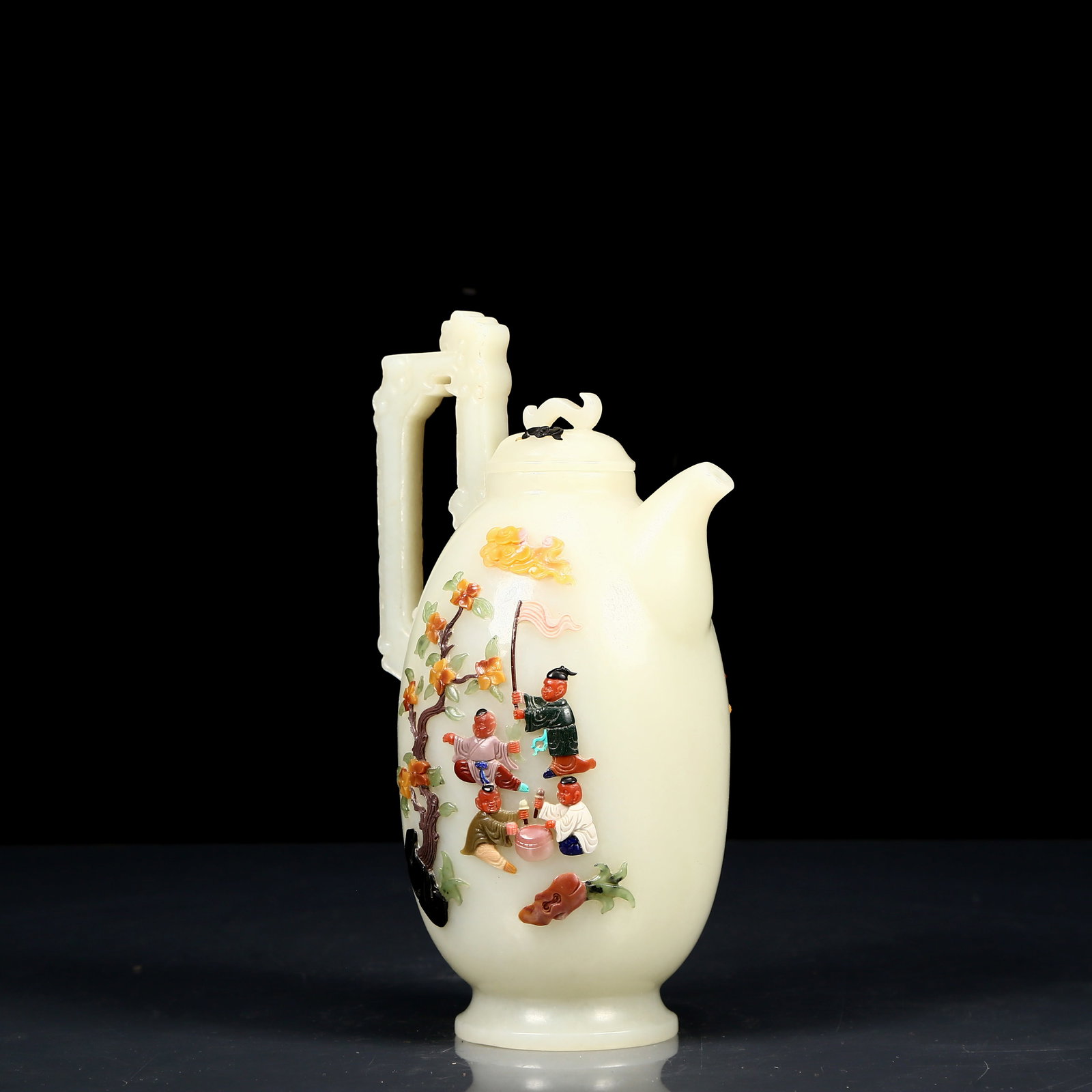 An Exquisite White Jade Inlaid Gems Character and Story Pattern Phoenix Handle Ewer - 4