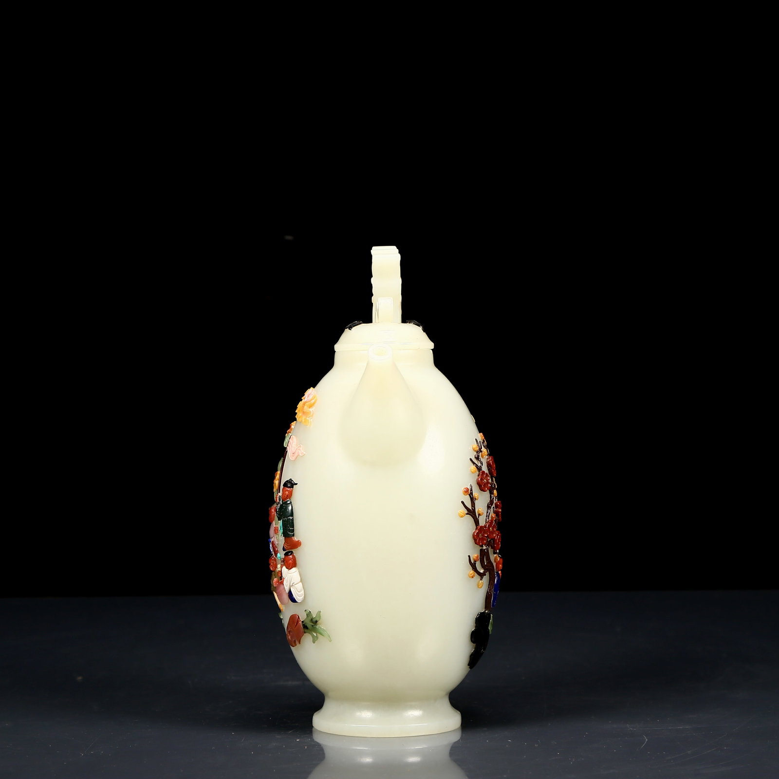 An Exquisite White Jade Inlaid Gems Character and Story Pattern Phoenix Handle Ewer - 5