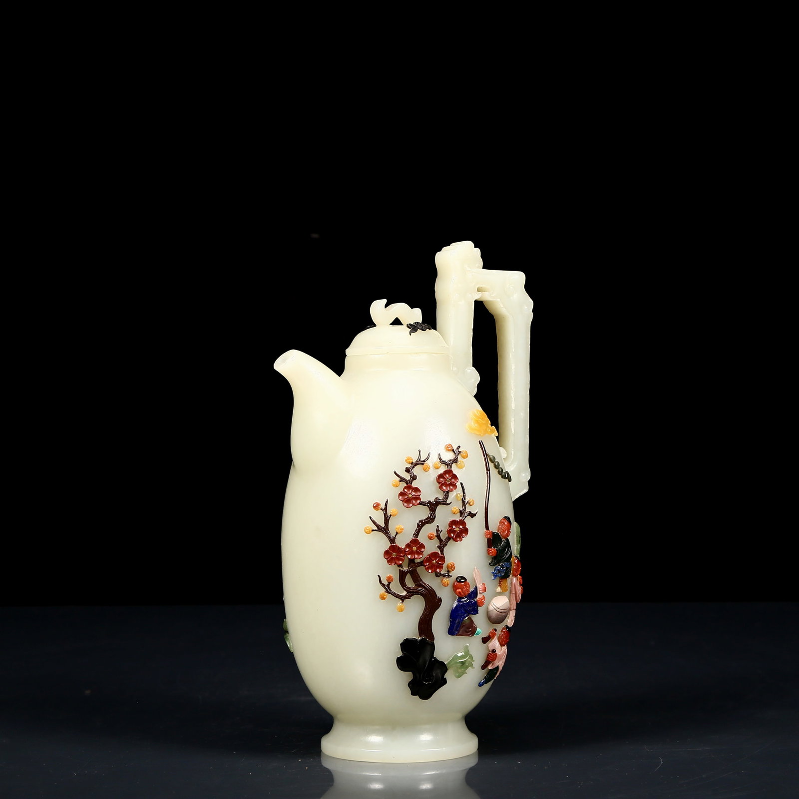 An Exquisite White Jade Inlaid Gems Character and Story Pattern Phoenix Handle Ewer - 6