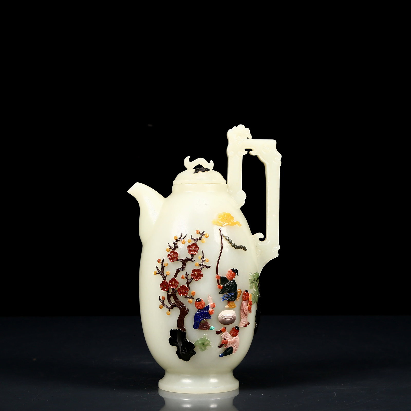 An Exquisite White Jade Inlaid Gems Character and Story Pattern Phoenix Handle Ewer - 7