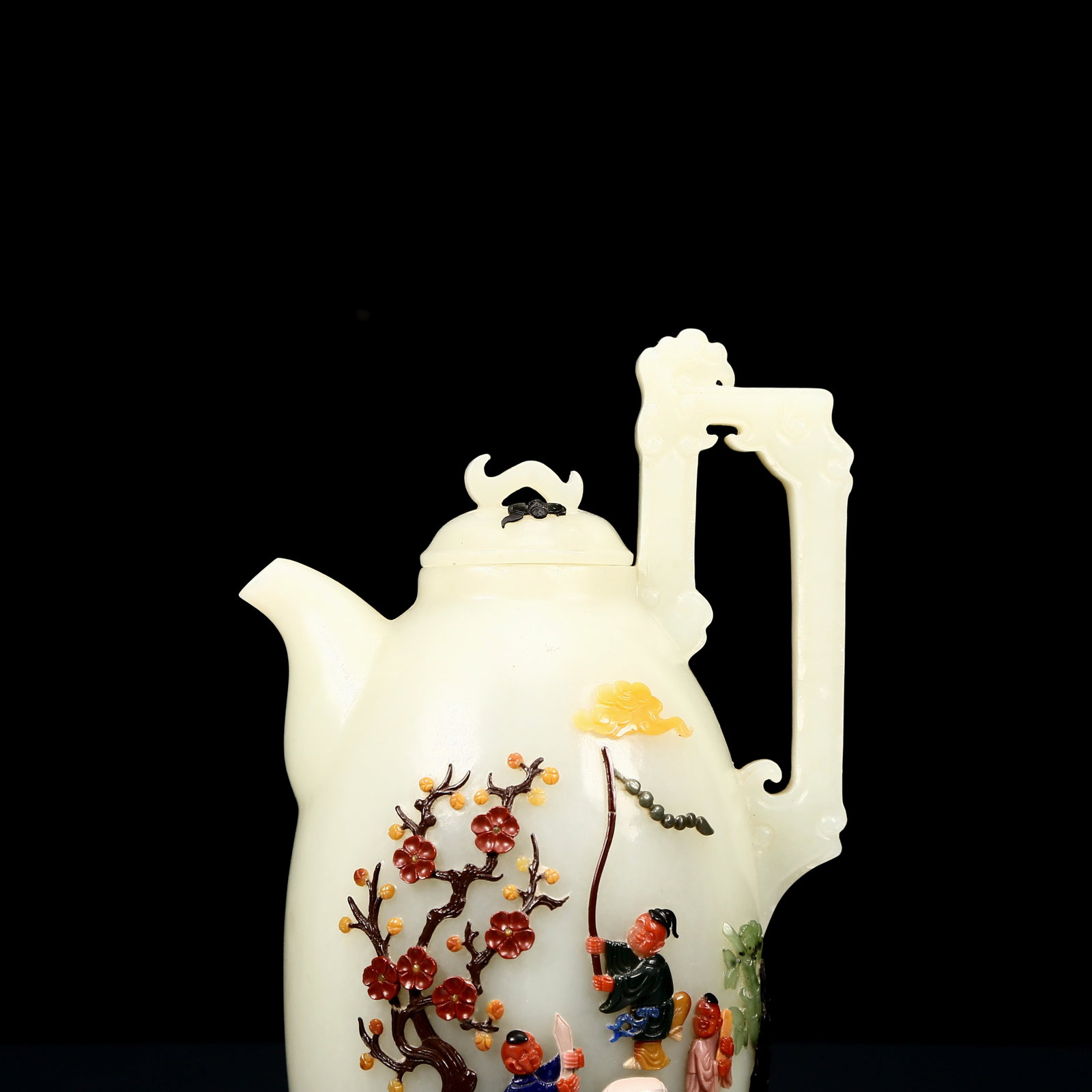 An Exquisite White Jade Inlaid Gems Character and Story Pattern Phoenix Handle Ewer - 8