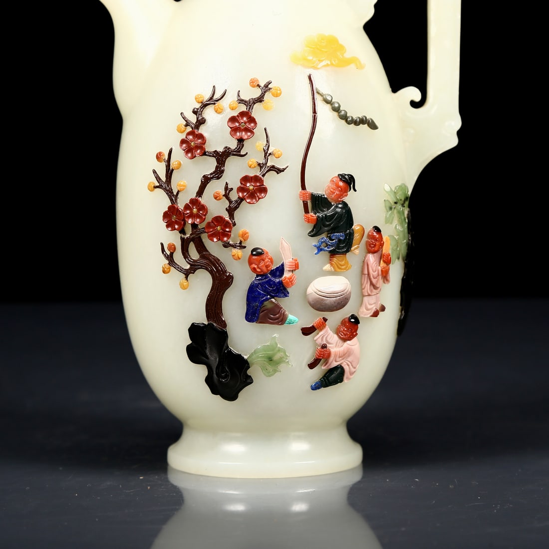 An Exquisite White Jade Inlaid Gems Character and Story Pattern Phoenix Handle Ewer - 9