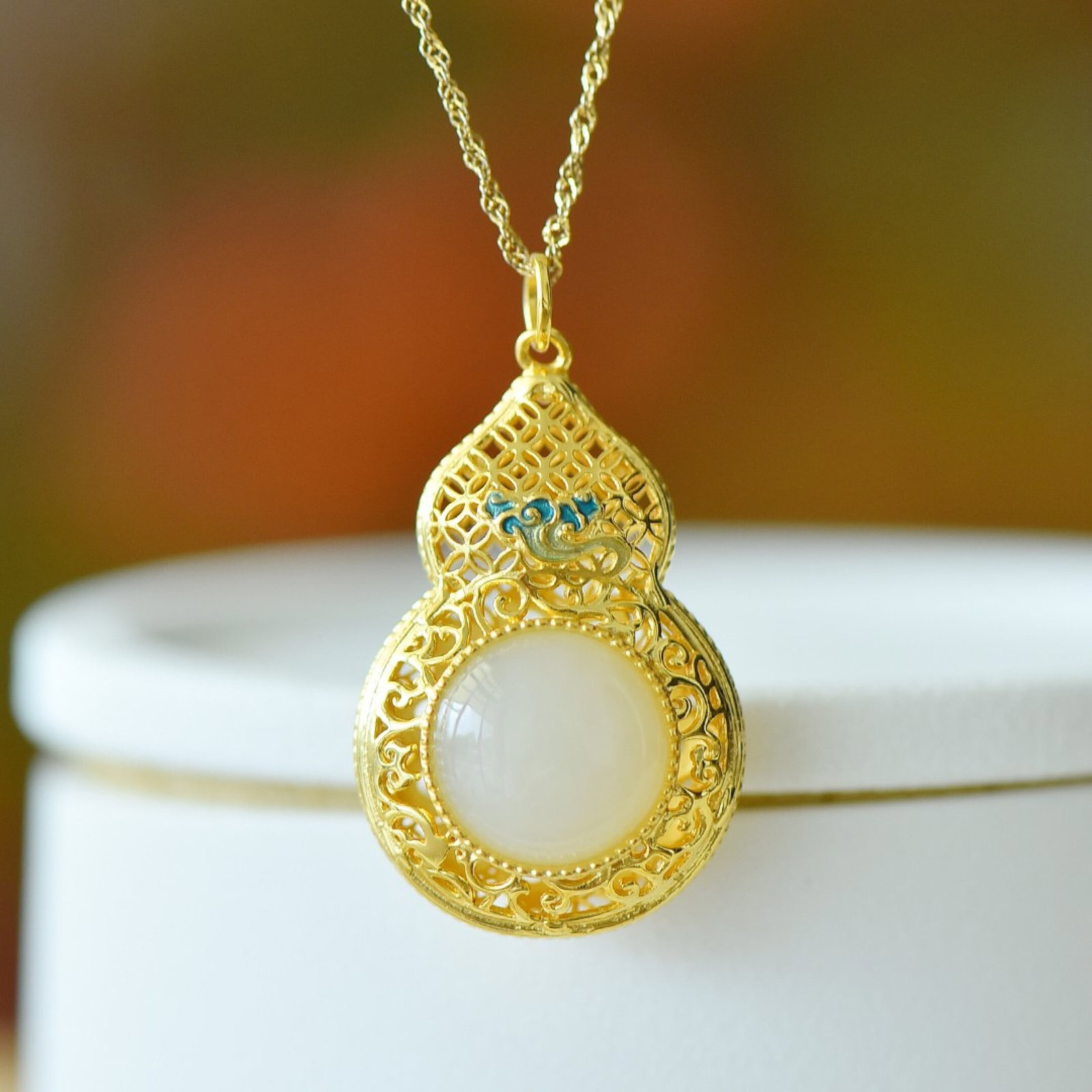 An Exquisite Sterling Silver-Gold Plated Inlaid White Jade Pendant - 2