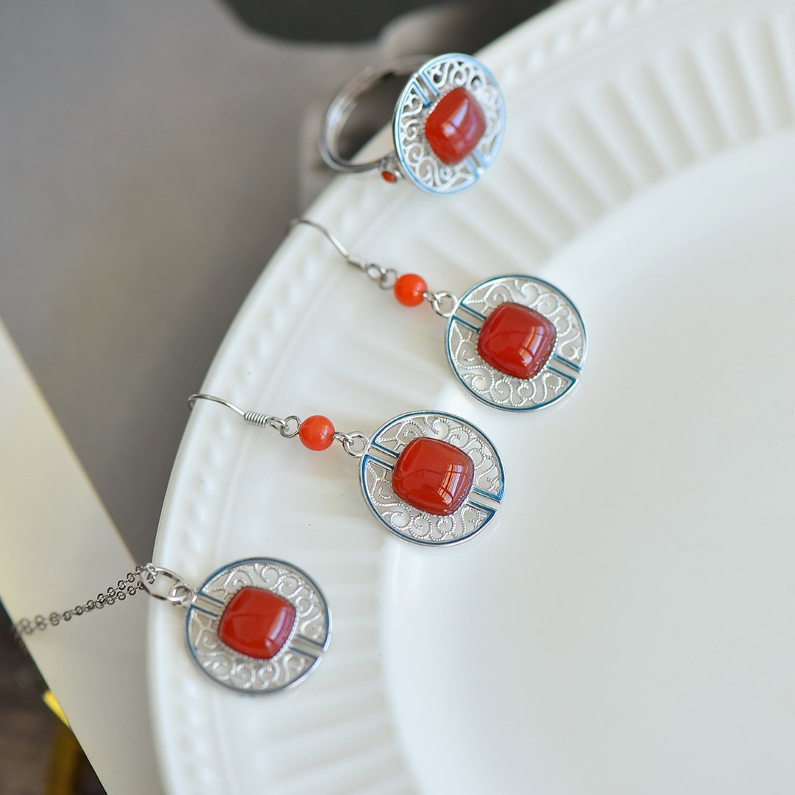 A Set of Fine Sterling Silver Inlaid Agate Jewelrys - 5