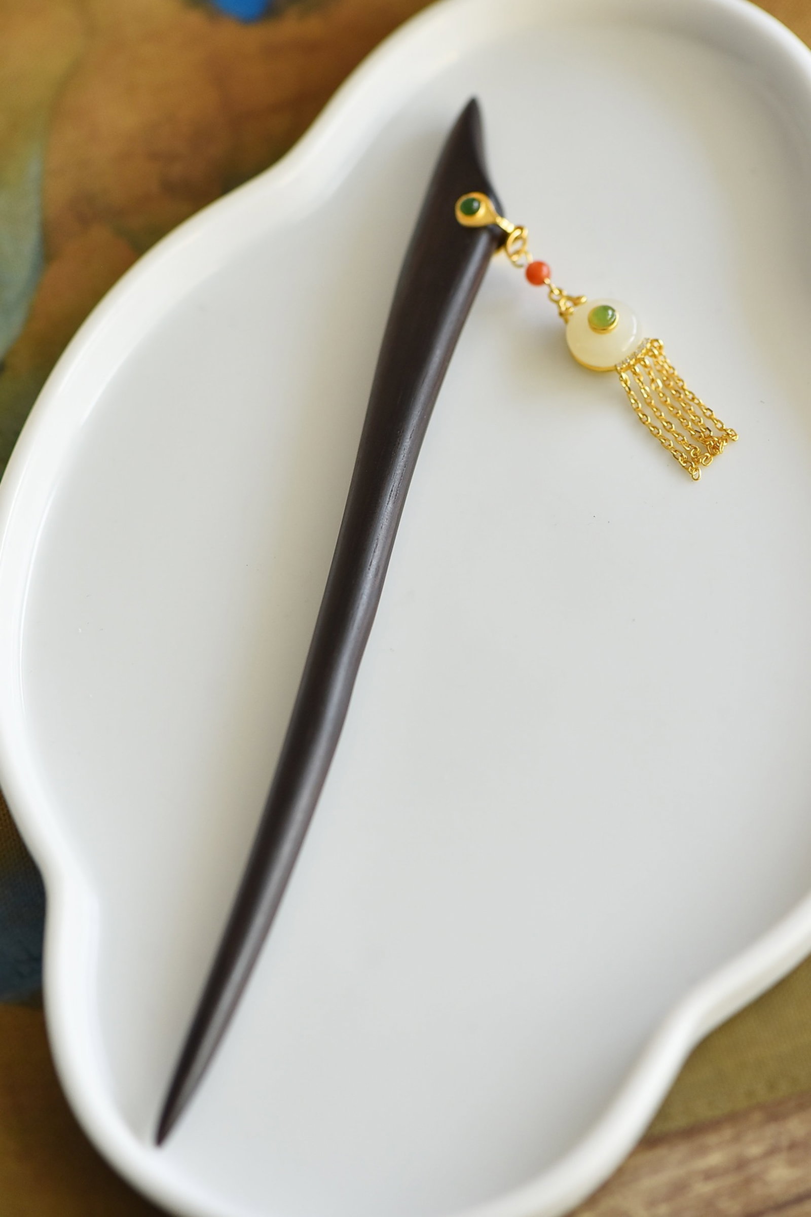 An Exquisite Sterling Silver-Gold Plated Inlaid White Jade Ebony Hairpin,Inlaid Diamond - 2