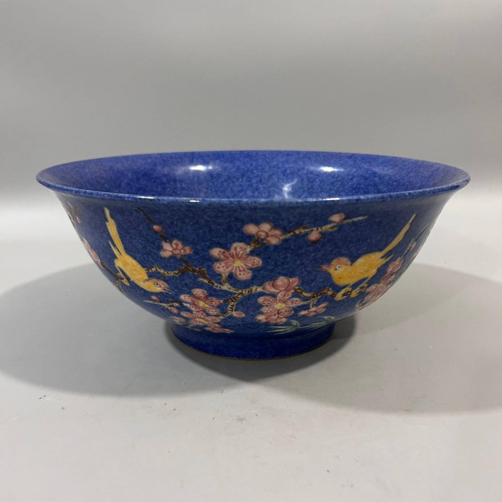 An Exquisite Ji Blue Glazed Famille-Rose Flower and Bird Pattern Bowl: Estimated Value:1760-3600 An Exquisite Ji Blue Glazed Famille-Rose Flower and Bird Pattern Bowl,Ming Dynasty,China,Xuande Six-character Mark,Size:4.9inx11.2in
