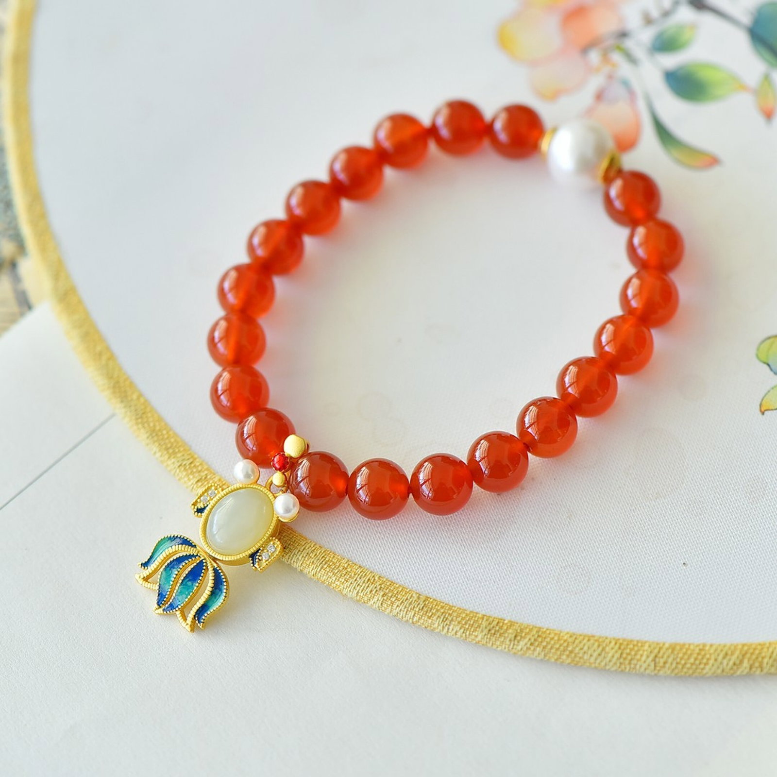 An Exquisite Sterling Silver-Gold Plated Inlaid Agate Bracelet,Inlaid White Jade and Pearl - 3