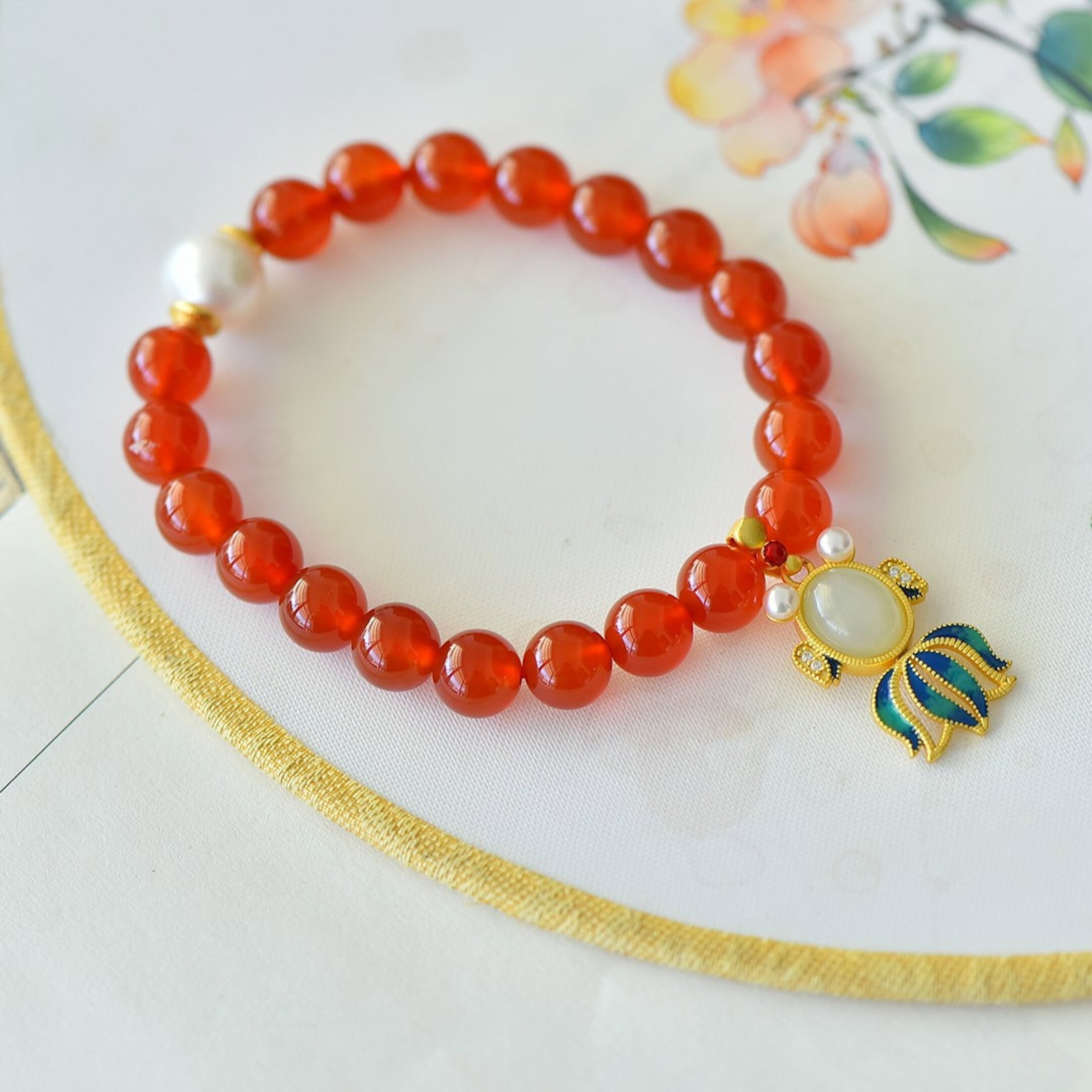 An Exquisite Sterling Silver-Gold Plated Inlaid Agate Bracelet,Inlaid White Jade and Pearl - 4
