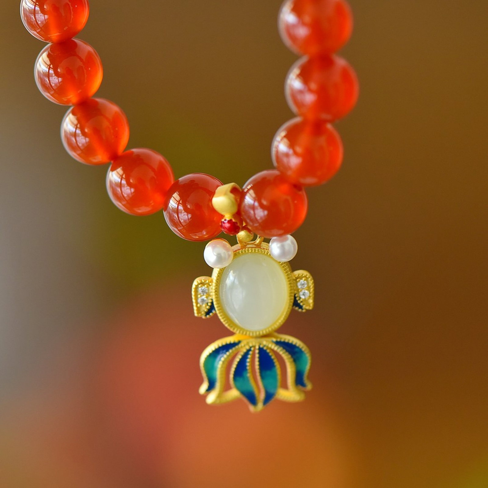 An Exquisite Sterling Silver-Gold Plated Inlaid Agate Bracelet,Inlaid White Jade and Pearl - 5