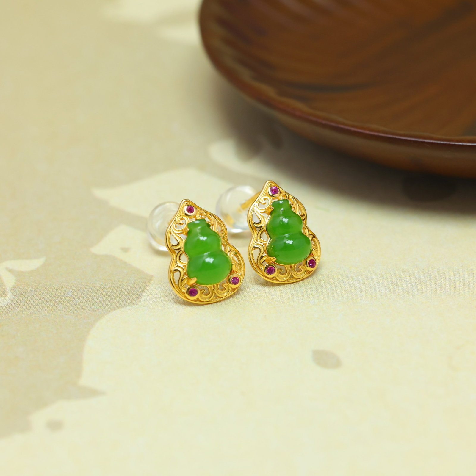 A Pair of Exquisite Sterling Silver-Gold Plated Inlaid Jasper Gourd Earrings,Inlaid Diamond - 3