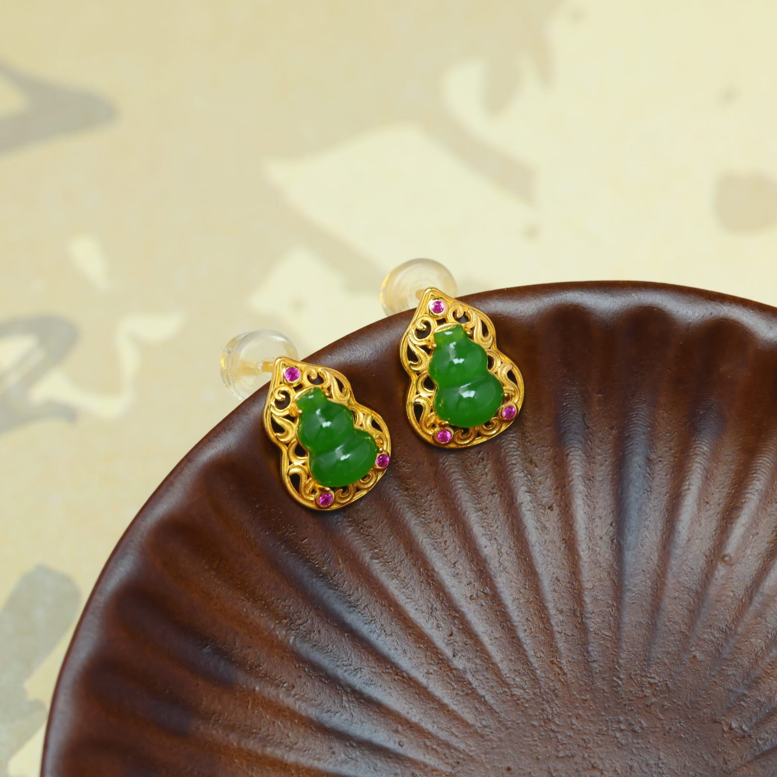 A Pair of Exquisite Sterling Silver-Gold Plated Inlaid Jasper Gourd Earrings,Inlaid Diamond - 4