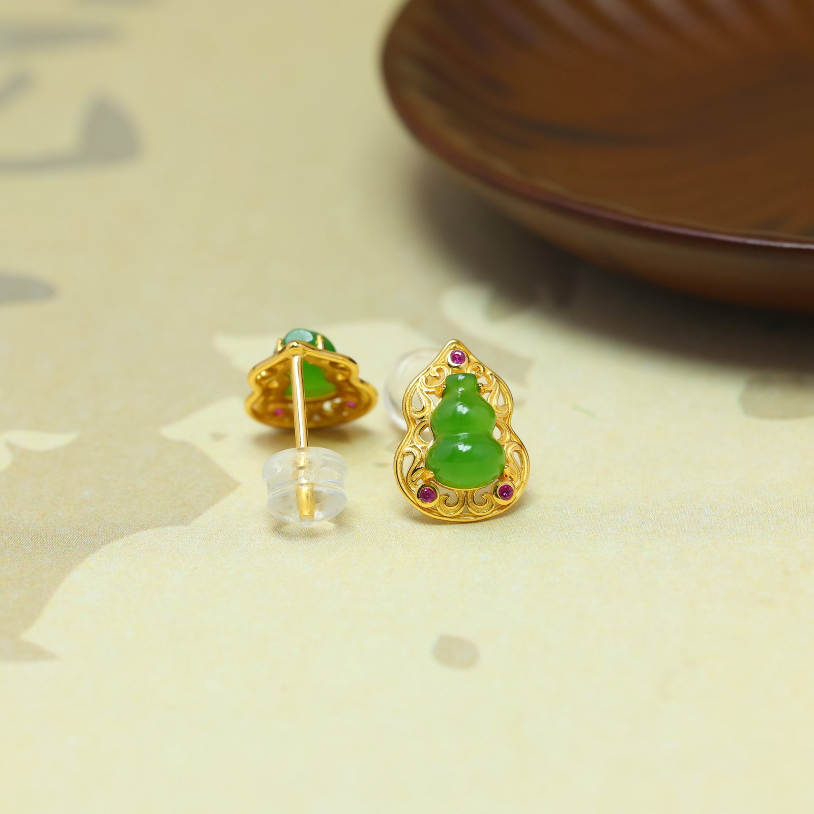 A Pair of Exquisite Sterling Silver-Gold Plated Inlaid Jasper Gourd Earrings,Inlaid Diamond - 5