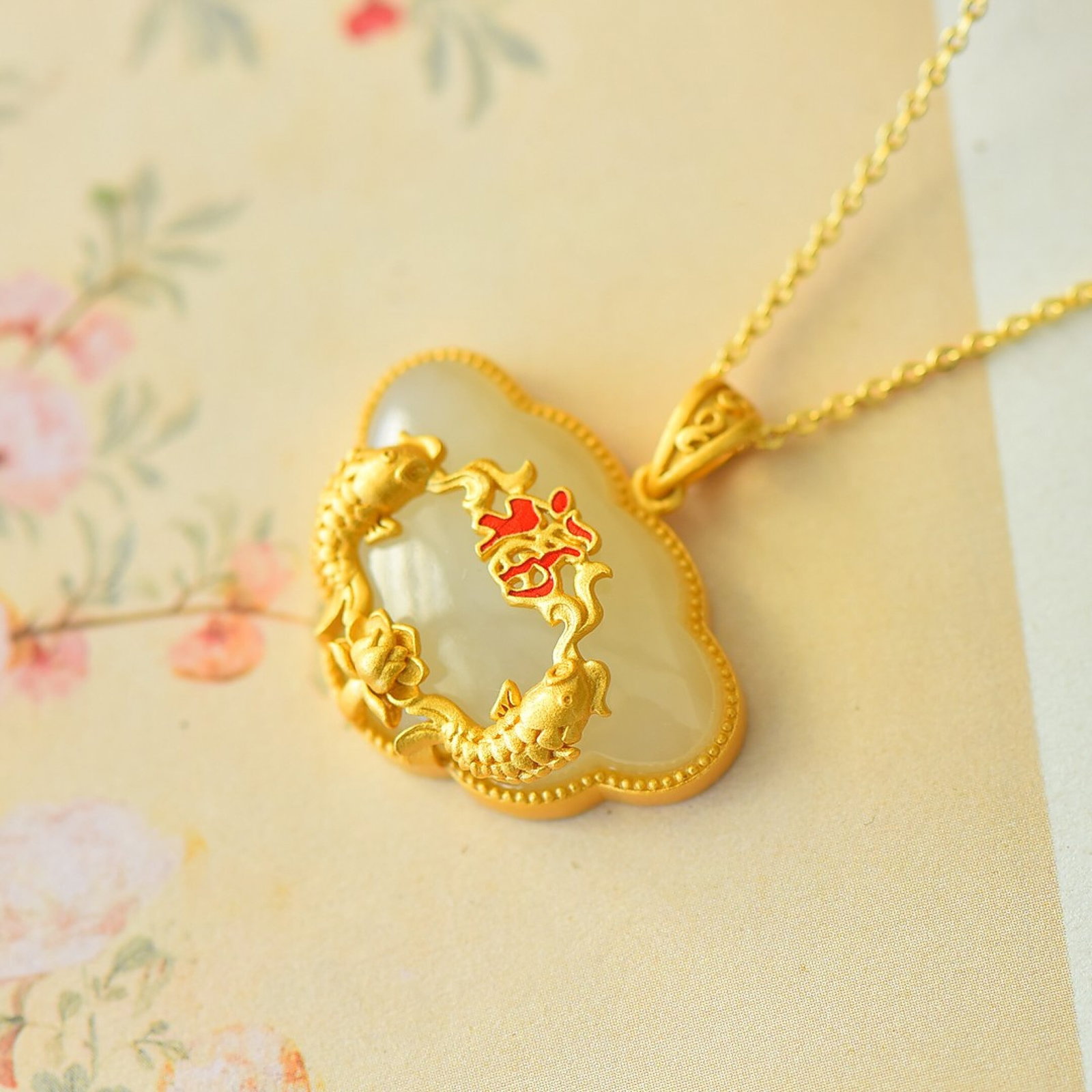 An Exquisite Sterling Silver-Gold Plated Inlaid White Jade Pendant - 3