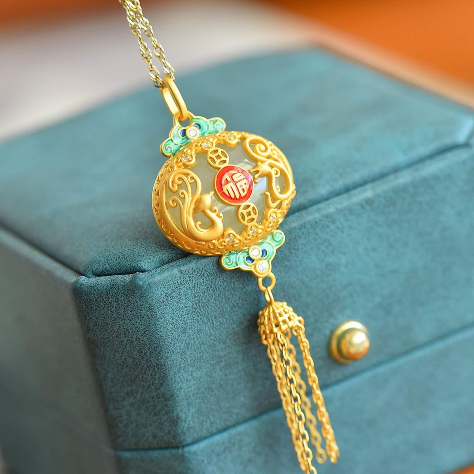 An Exquisite Sterling Silver-Gold Plated Inlaid White Jade Enamel Pendant,Inlaid Gems - 2