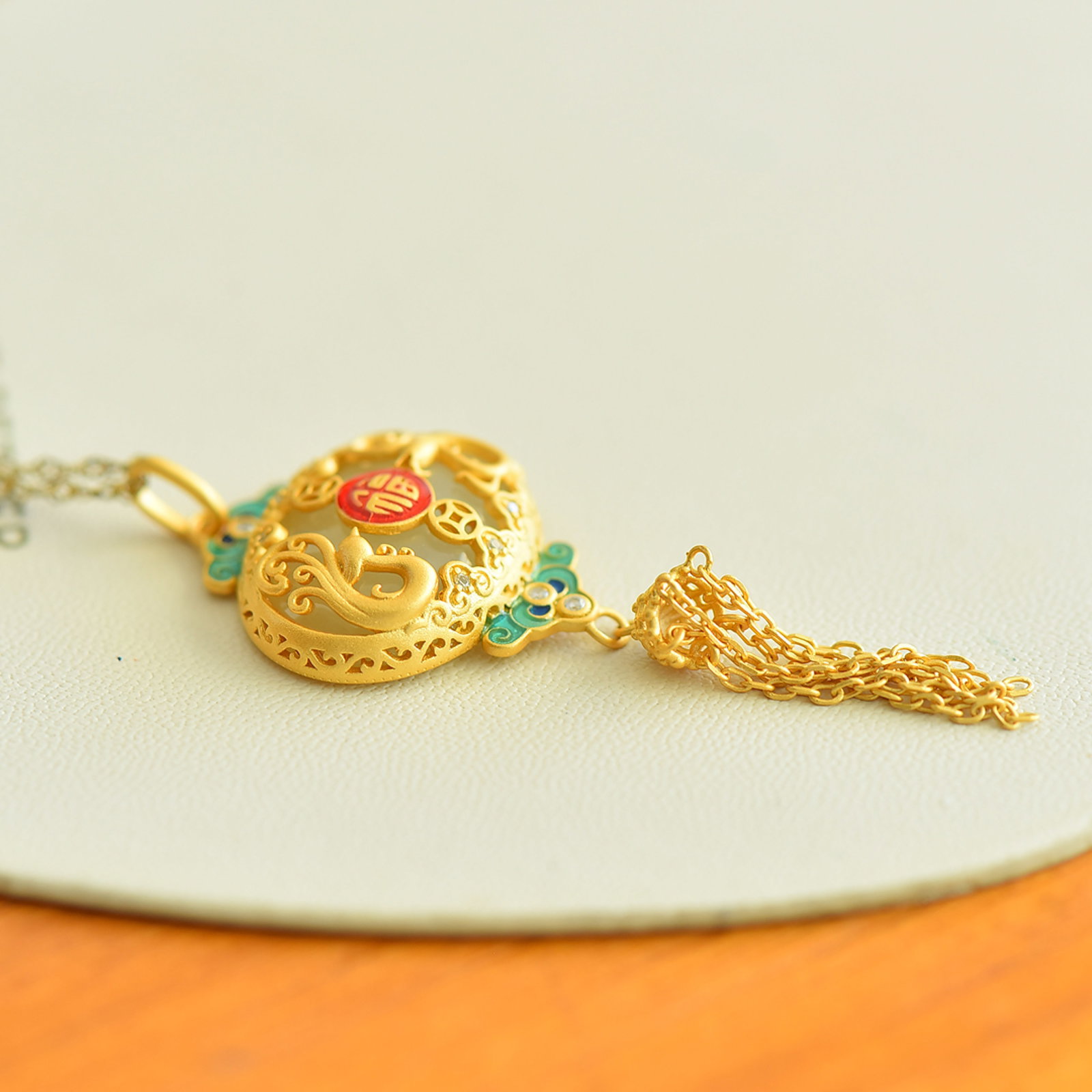 An Exquisite Sterling Silver-Gold Plated Inlaid White Jade Enamel Pendant,Inlaid Gems - 3