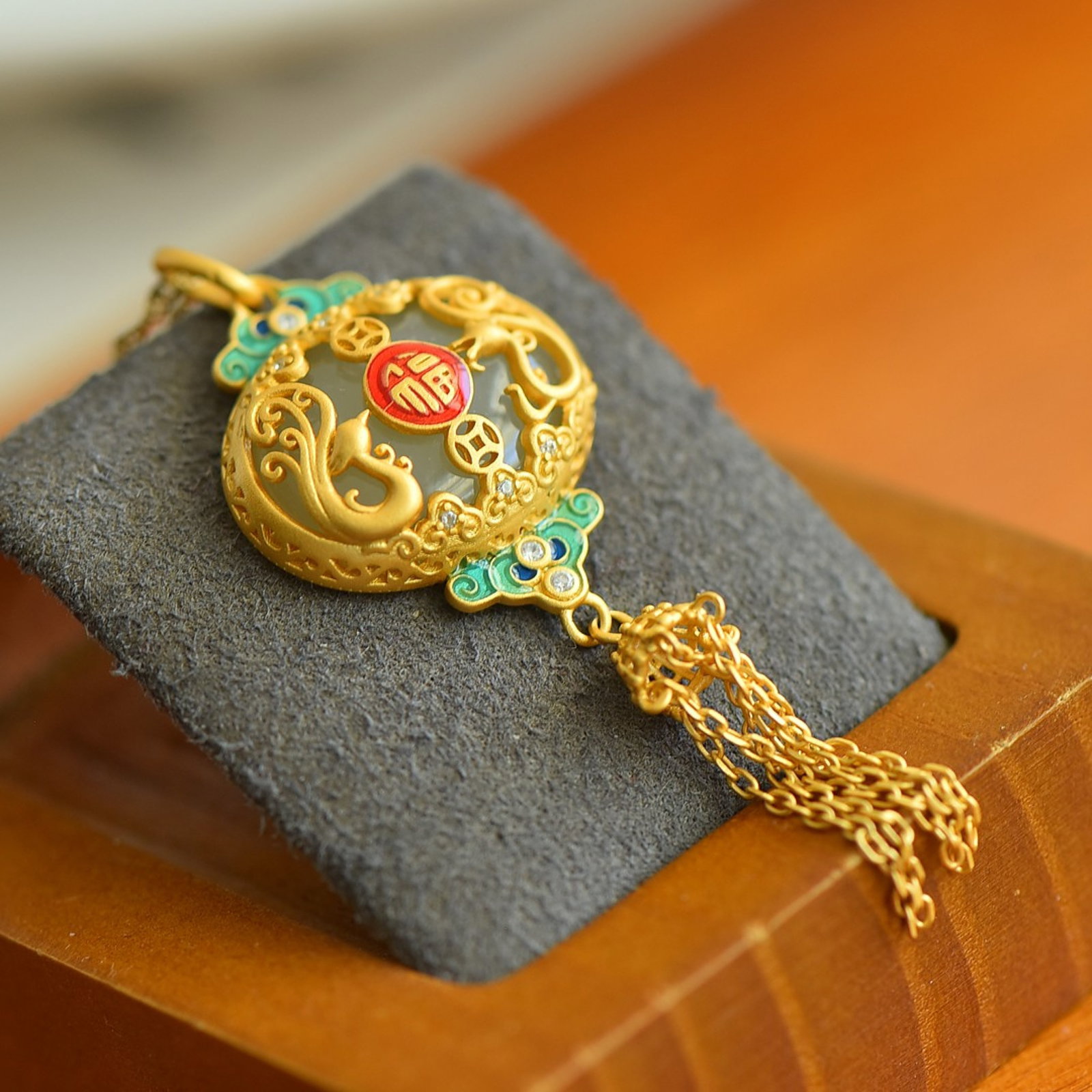 An Exquisite Sterling Silver-Gold Plated Inlaid White Jade Enamel Pendant,Inlaid Gems - 4