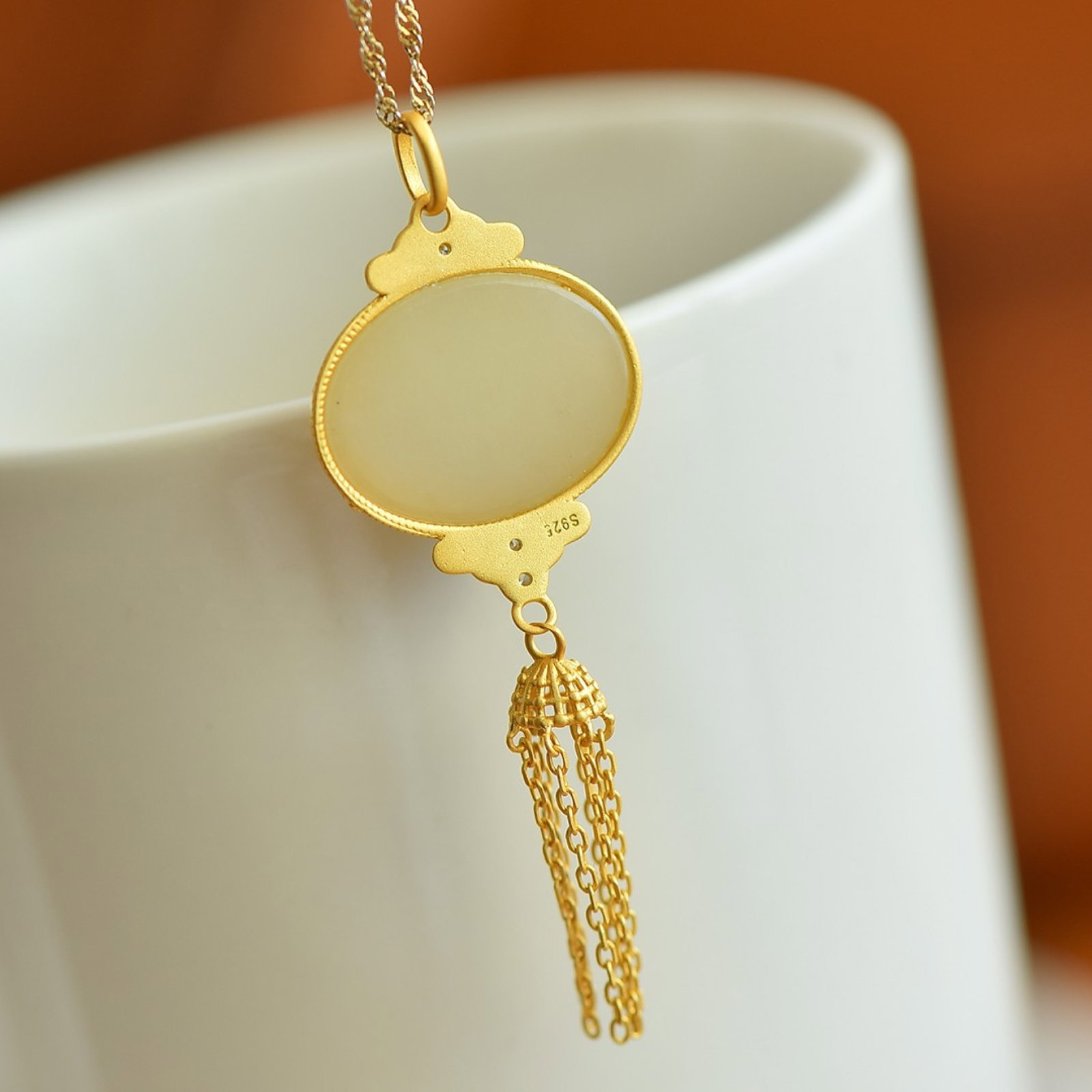 An Exquisite Sterling Silver-Gold Plated Inlaid White Jade Enamel Pendant,Inlaid Gems - 5