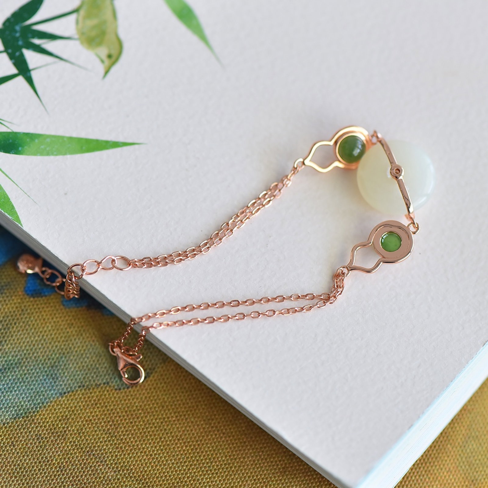 An Exquisite Sterling Silver-Gold Plated Inlaid White Jade Bracelets,Inlaid Jasper - 5