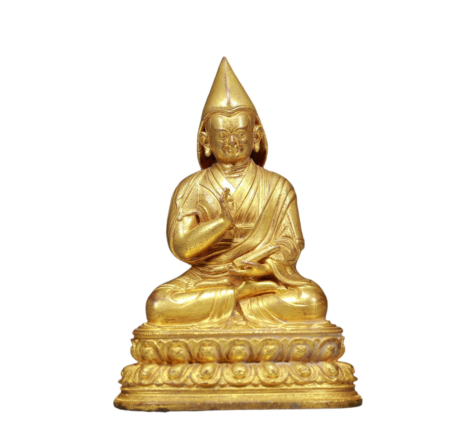 A Solemn Gilt Bronze Statue of Guru: Estimated Value:1500-3000 A Solemn Gilt Bronze Statue of Guru,Ming Dynasty, China,Size:2.6inx1.8inx3.6in,Weight:210g 铜鎏金上师像，明代