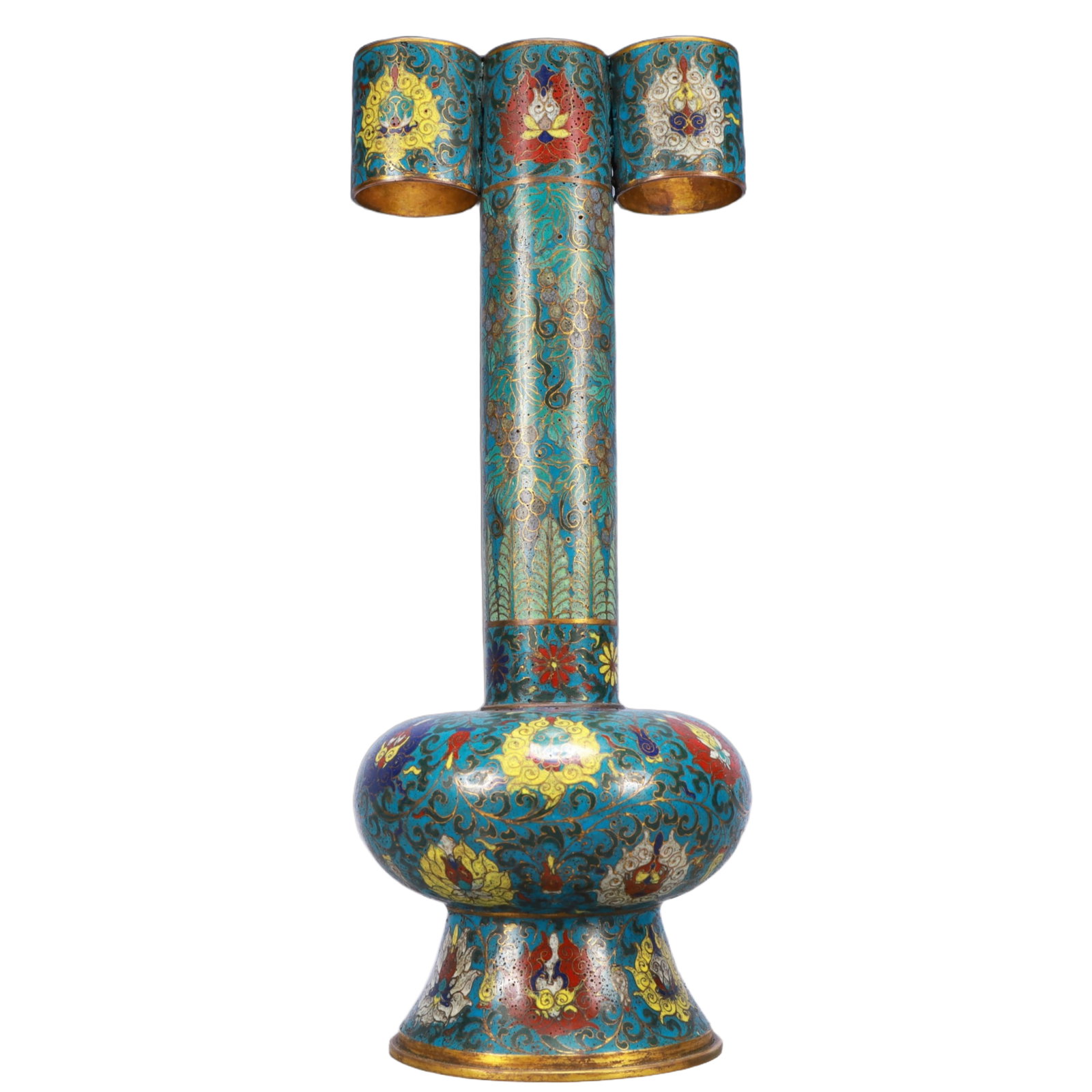 A Huge Cloisonne Lotus and Grapes Pattern Double-Ears Vase: Estimated Value:20000-40000 A Huge Cloisonne Lotus and Grapes Pattern Double-Ears Vase,Ming Dynasty, China,Jingtai Four-character Mark,Size:6.7inx18.5in,Weight:2700g