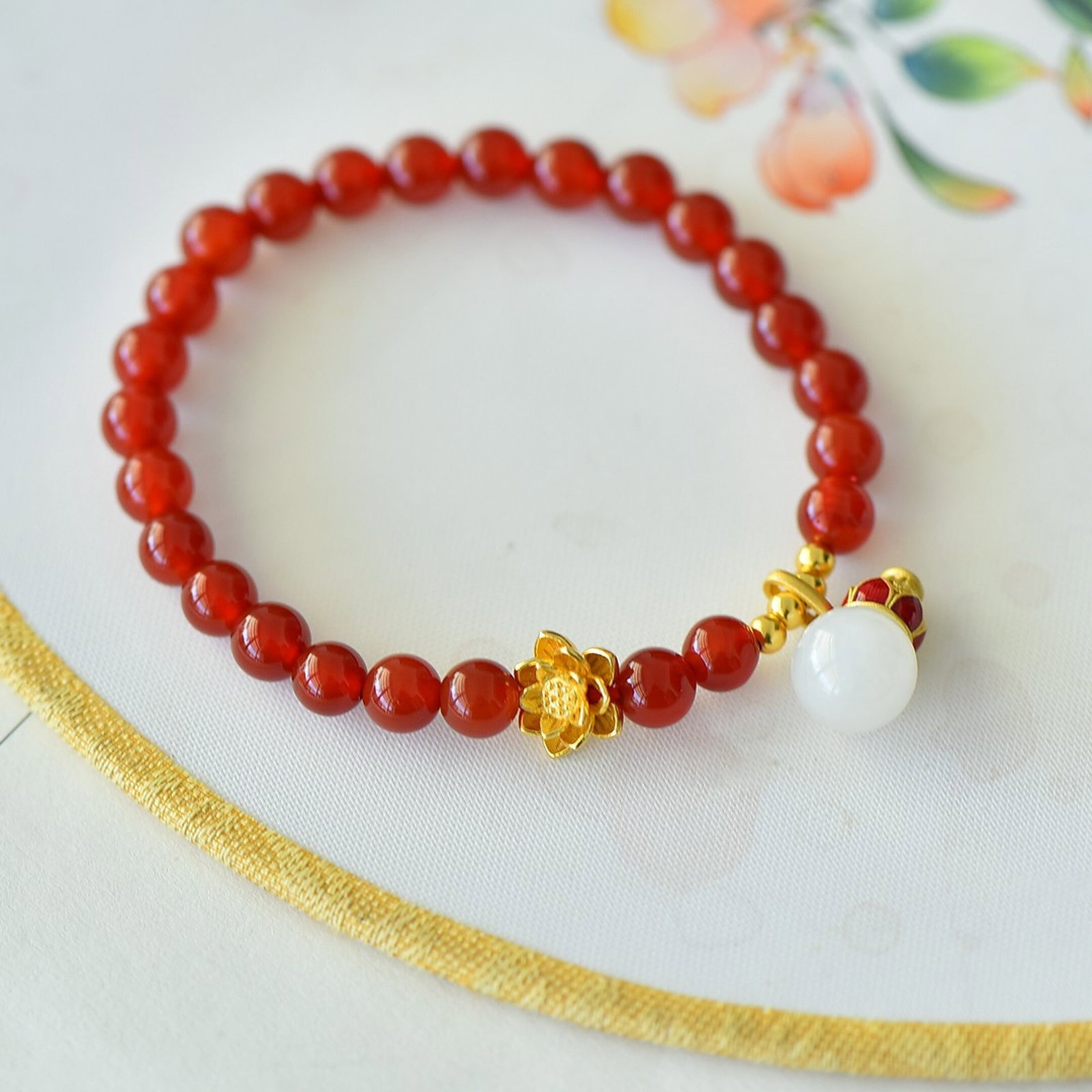 An Exquisite Sterling Silver-Gold Plated Inlaid Agate Bracelet,Inlaid White Jade - 3